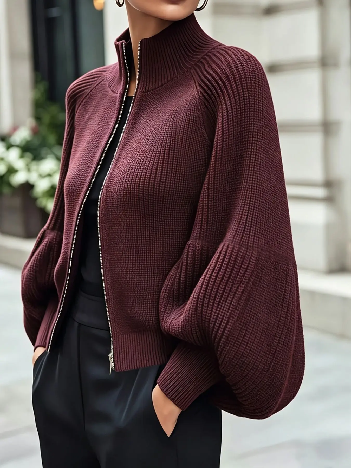 Women's Zipper Knit Cardigan Coat, High Neck Long Sleeve Lantern Sleeve Ribbed Hem, Short Loose Waffle Basket Weave Open Front, Vintage Style Fall Winter Casual, Casual Cardigans