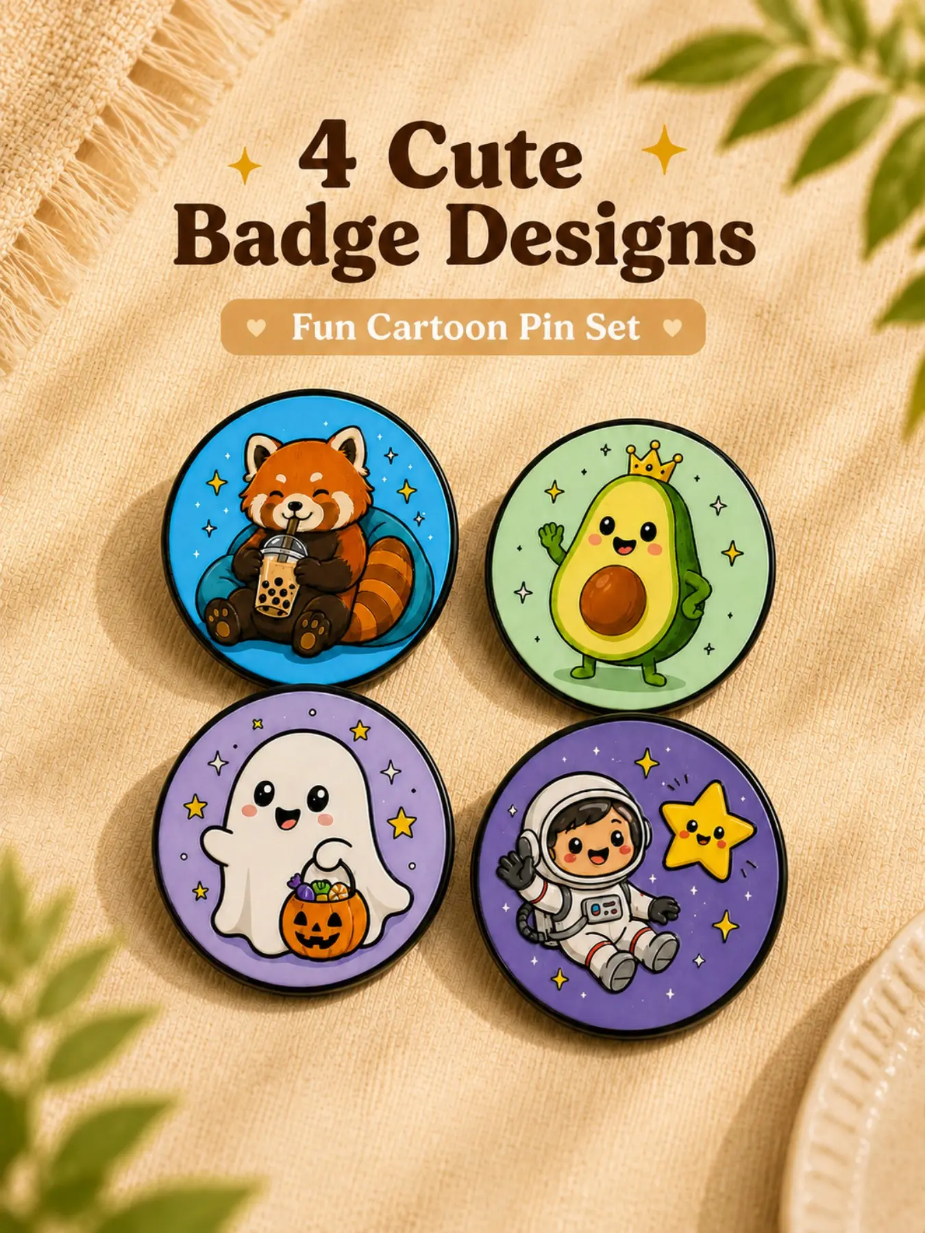 4pcs Cute Cartoon Pin Badge Set, Panda Avocado Ghost & Astronaut Pins, Kawaii Accessories for Backpacks, Jackets, Hats, Gifts