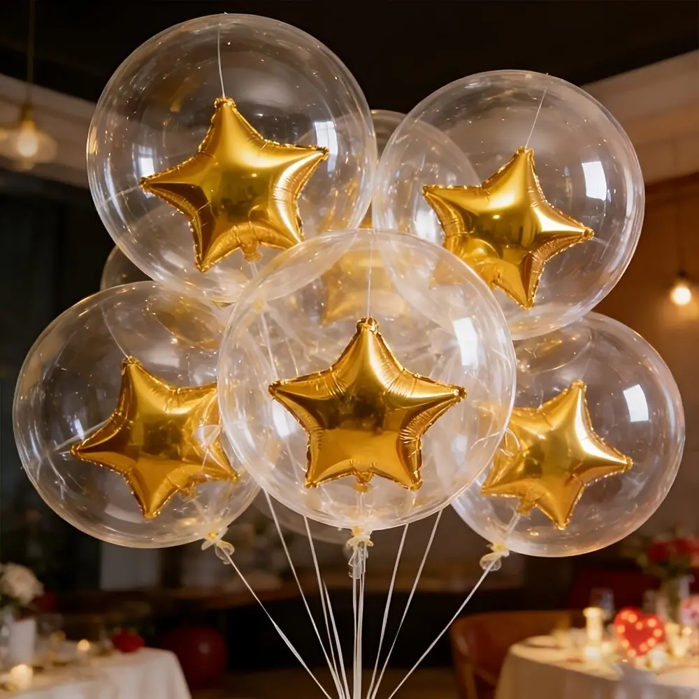 15Pcs Clear Bobo Balloon & Gold Star Balloon Set with Ribbon, 7Pcs 18" Clear Bobo Balloons & 7Pcs 10" Gold Star Foil Balloons, for Birthday, New Year & Anniversary Decor