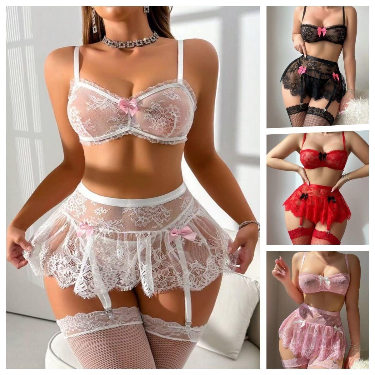3Pcs  Lace   With Garter Belt - See Through Bow Decor Sleepwear