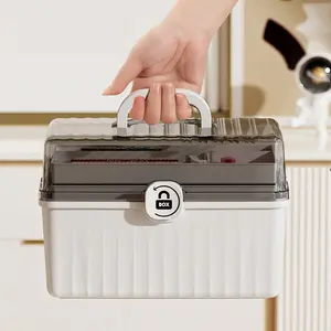 3-Tier Foldable, Large Capacity Portable Medical Organizer Container with Secure Lock & Carry Handle, Transparent Dustproof Lid Multi-Compartment Pill Drug Case for Home Travel Outdoor Emergency
