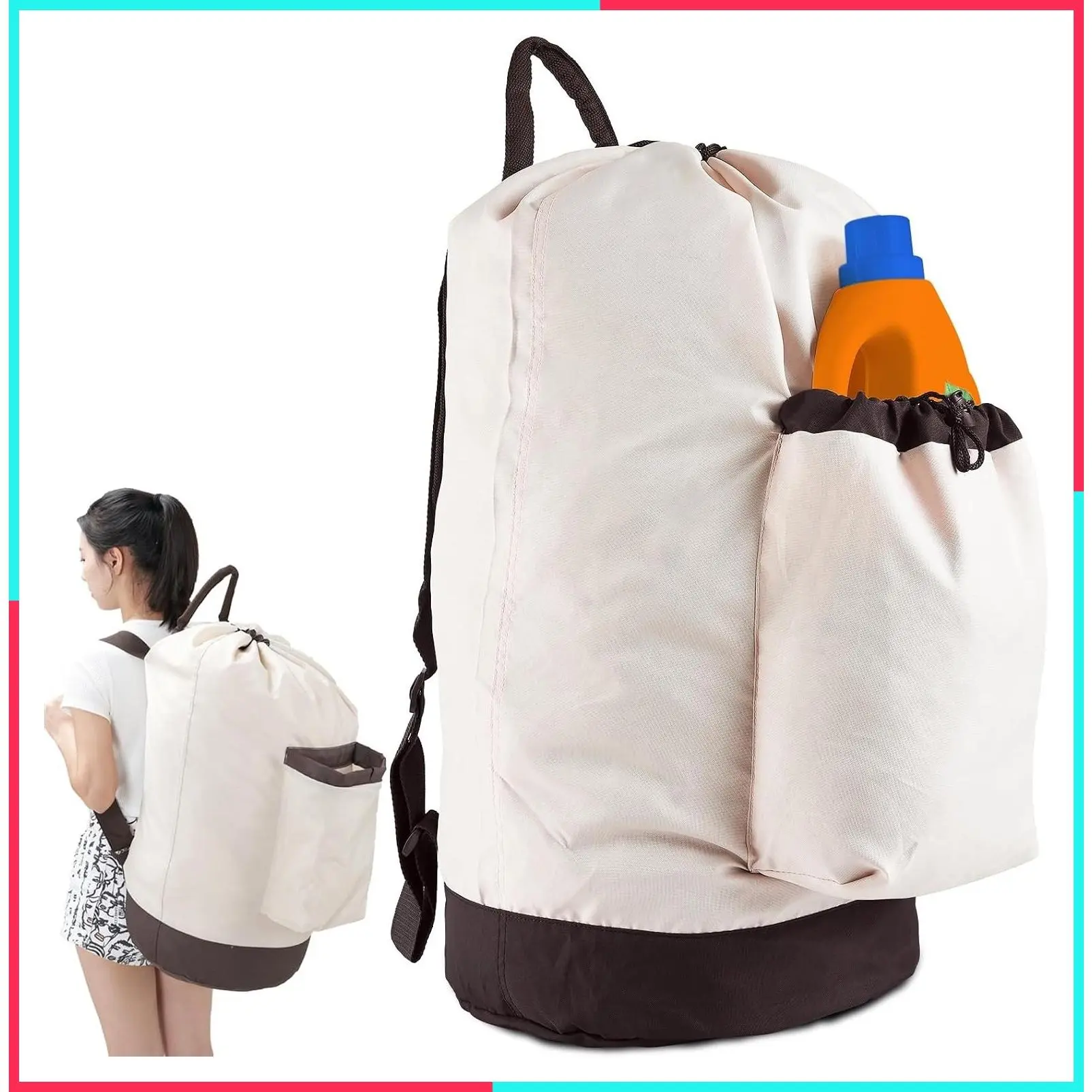 Laundry Bag Backpack with Shoulder Straps and Detergent Holder Clothes, Travel Laundry Backpack Bag Hamper for College (Khaki w Brown)