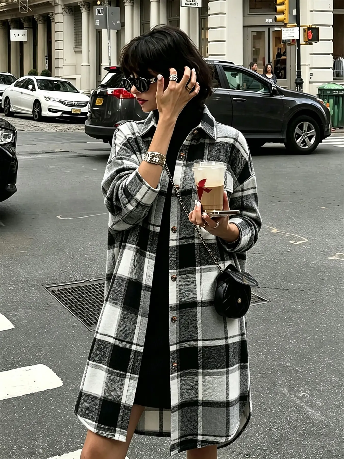 Women's Plaid Wool Blazer Coat, Medium-Length Loose Fit Long Sleeve Outerwear, Stylish Casual Jacket for Fall & Winter