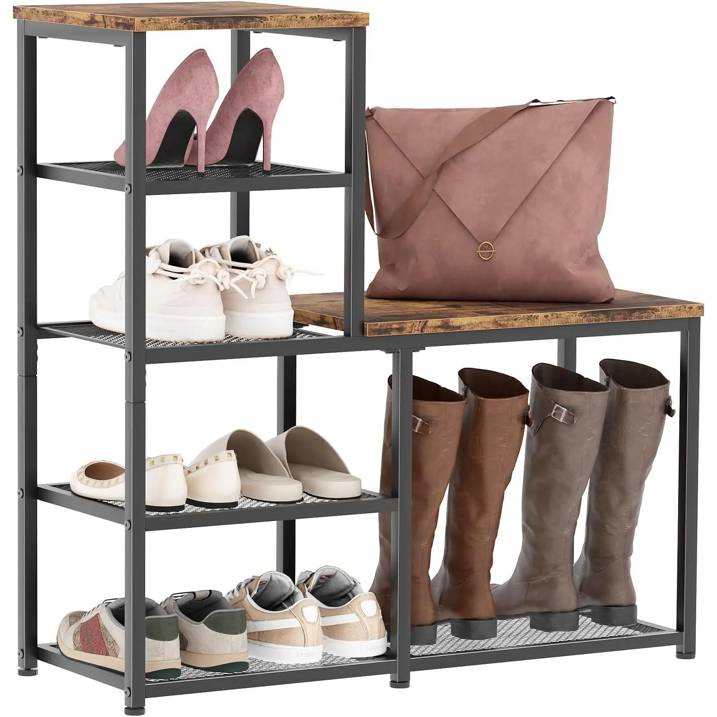 Shoe Rack Bench for Entryway,Free Standing Shoe Storage Organizer for Front Door Entrance,4-Tier Boot Rack Holder Shelf for Closet with Seat,Sturdy Shoe Shelves for High Heels(Brown)