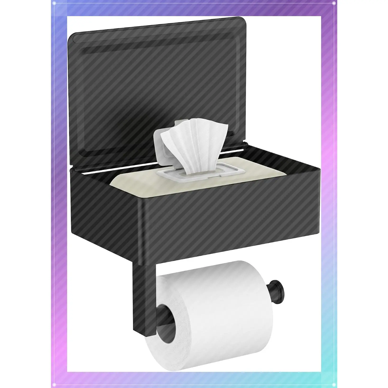 Wall-Mounted Matte Black Toilet Paper Holder with Large Shelf, Modern Wipes Dispenser with Storage for Bathroom, Fits Wipes, Sanitary Napkins, Tampons, 8.0" x 5.3" ShelfGift