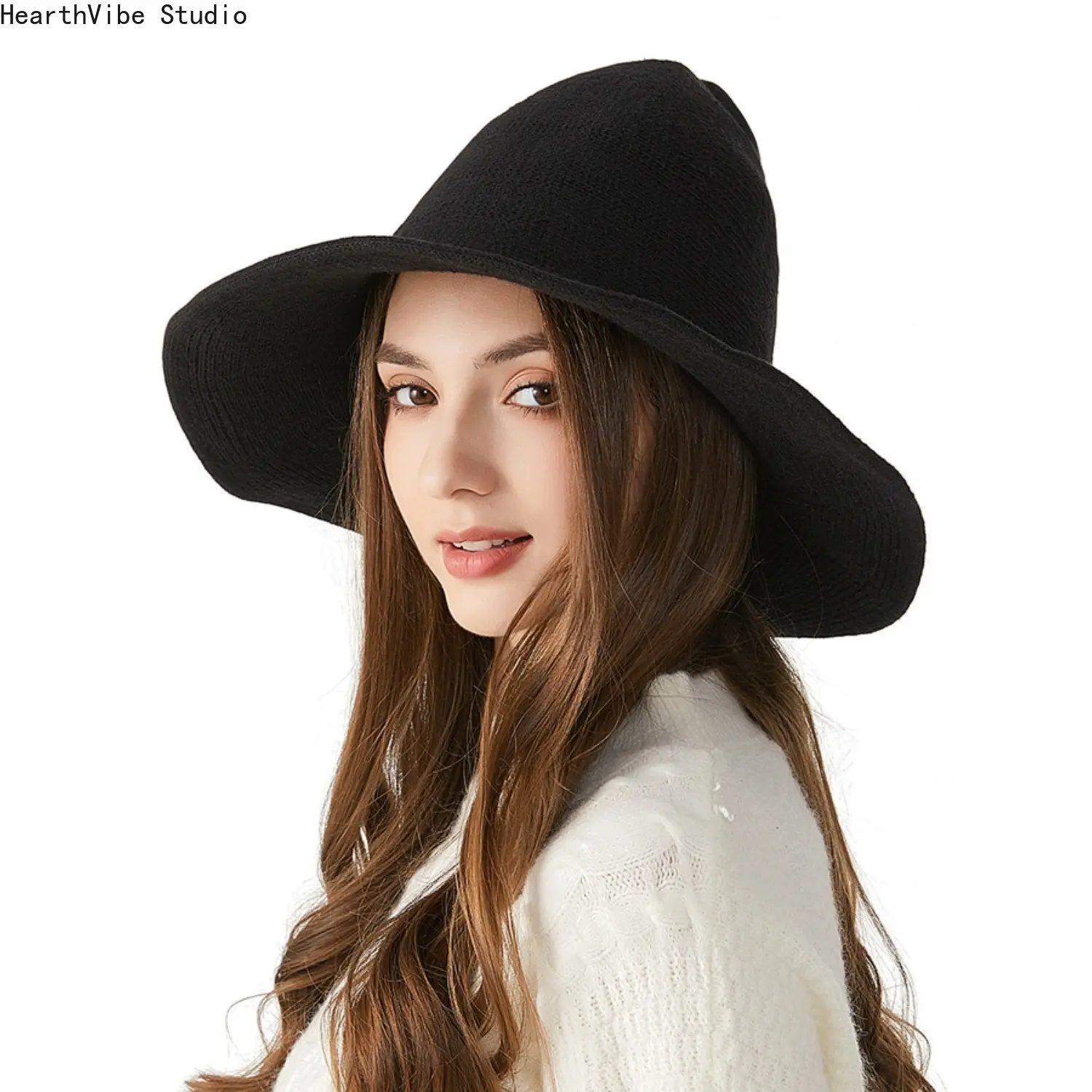 Women's French Vintage Knit Wide-Brim Bucket Hat, Floppy Fisherman Cap for Fall Winter, Soft Warm Sun Hat with Face Shaping Function, Floppy Hat
