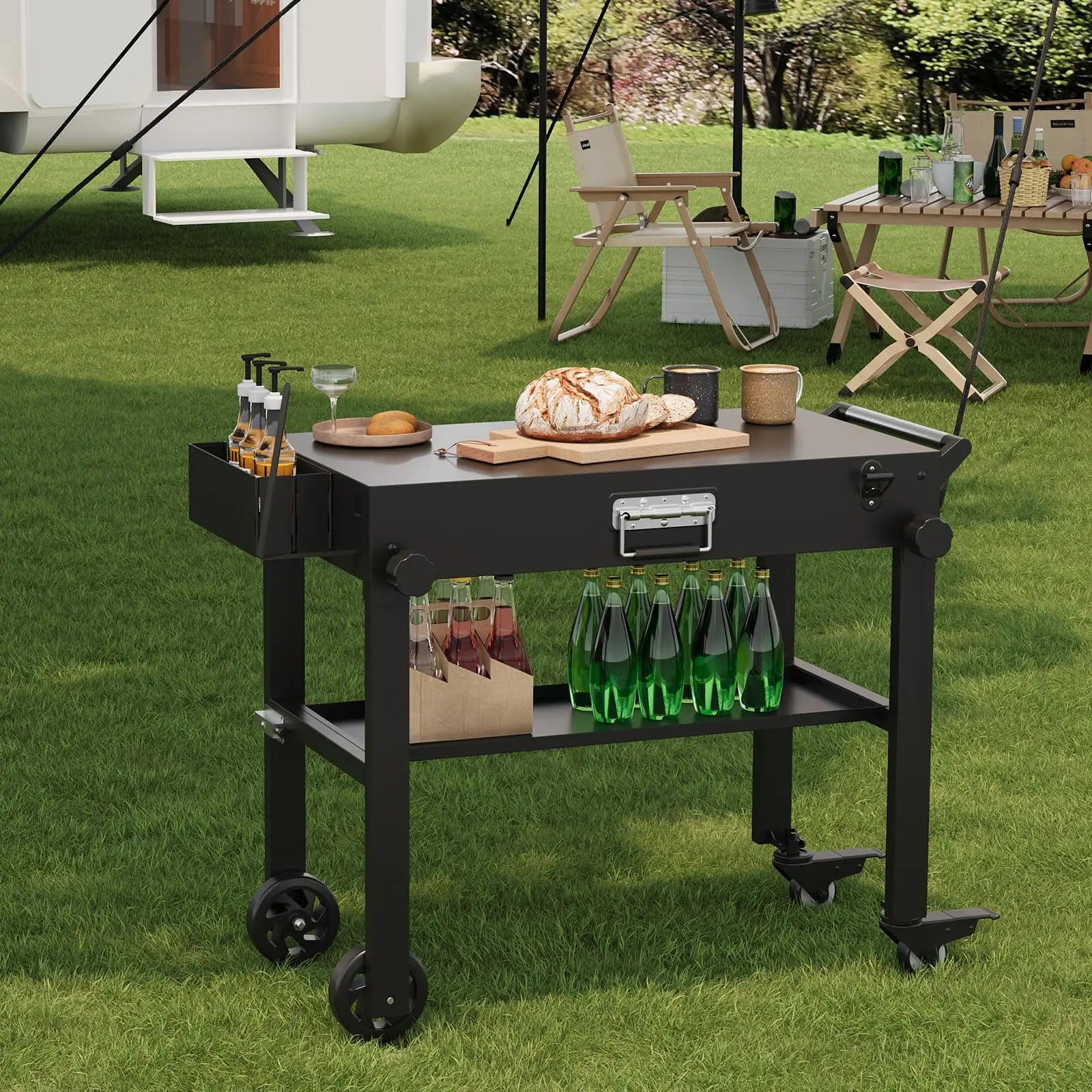 Outdoor Grill Cart Commercial Grade - Heavy Duty Rolling Kitchen Cart with Foldable Shelf, Stainless Steel Locking Wheels, BBQ Prep Station, Perfect for Camping, Picnics, Farmers Market, RV, Catering