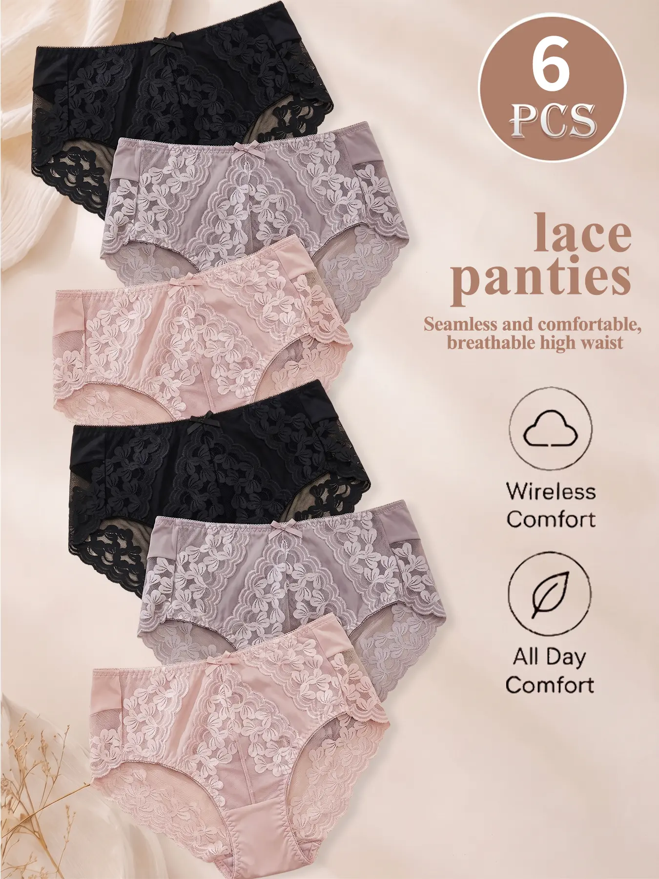 6-piece women's sewing lace underwear sexy splicing plain high waist underwear women's briefs suitable for daily casual soft breathable high quality underwear