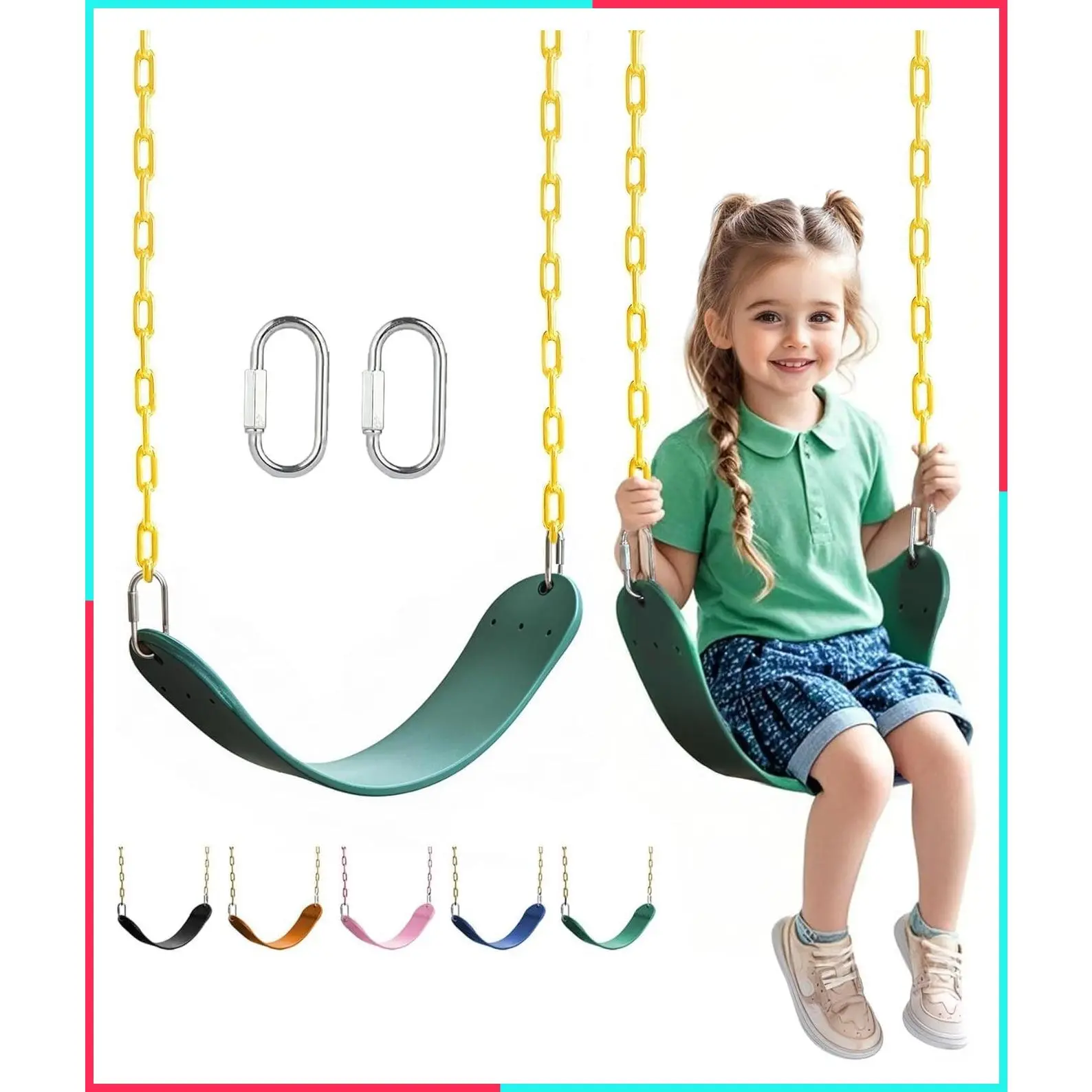 Heavy Duty Kids Swing Seat with 66-Inch Rust-Resistant Chains and Quick Links, Replacement Swing Set Accessories for Outdoor Playground, Green