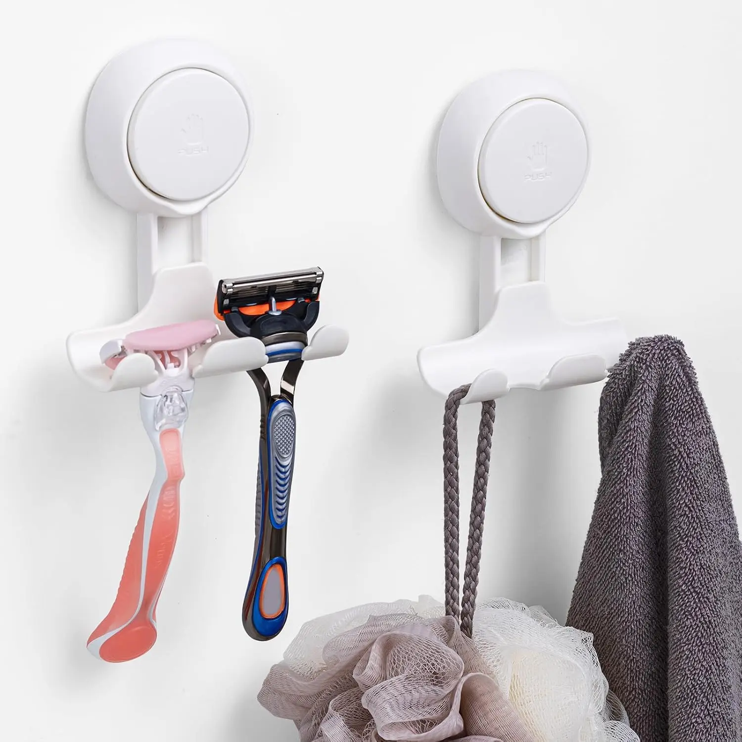 Razor Holder for Shower 2 Pack,  Suction Cup Shower Hooks for Towel, Loofah, Razor, , -Free Wall Hooks,  Holder for Bathroom, Easy to Install and Reuse, White