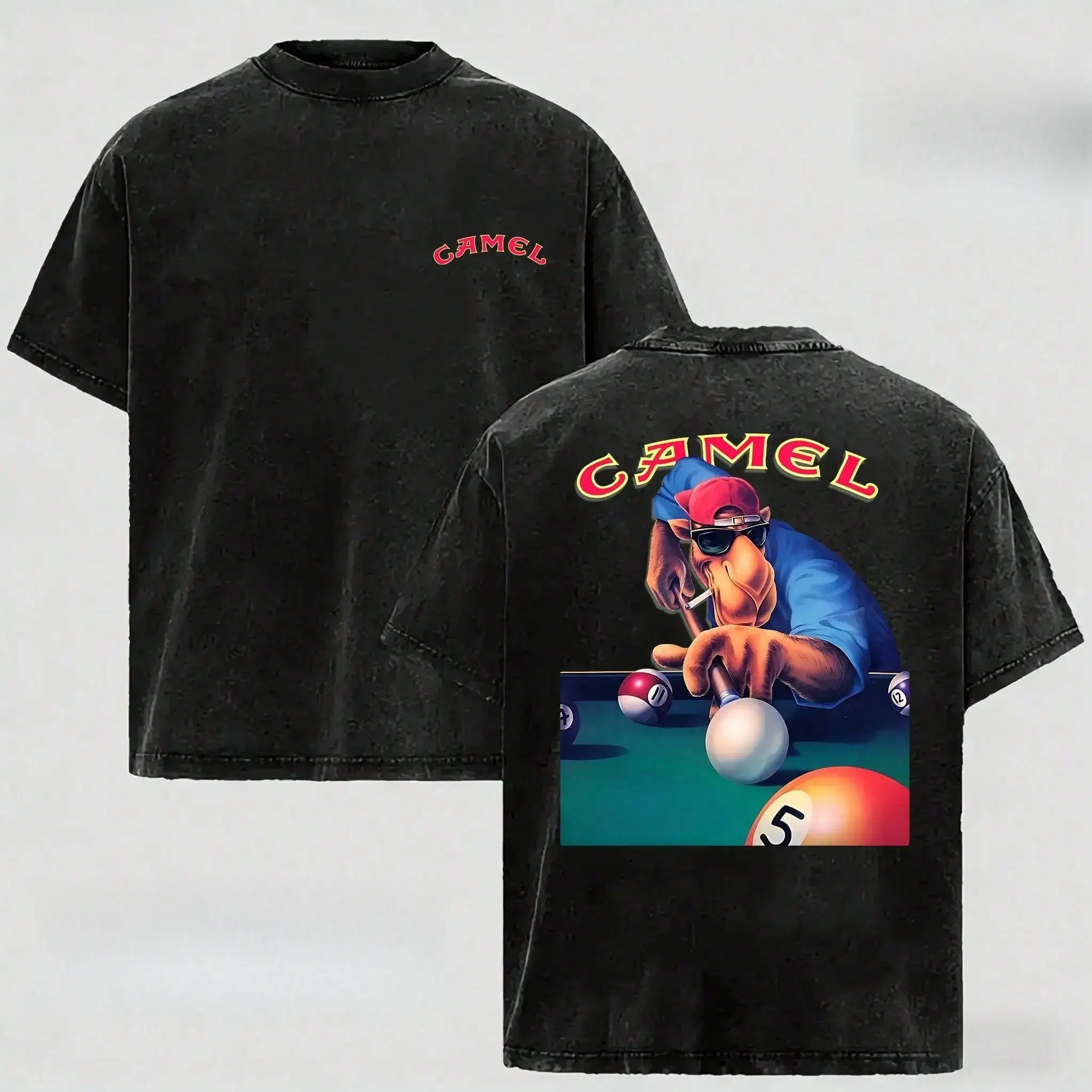 Retro Distressed Billiard Lifestyle Washed Black Tee, Tiny Chest Curved Red Script Logo Back Full Cool Camel Mascot Playing Pool Dual Print Short Sleeve, Casual Unisex Streetwear Top for Men & Women