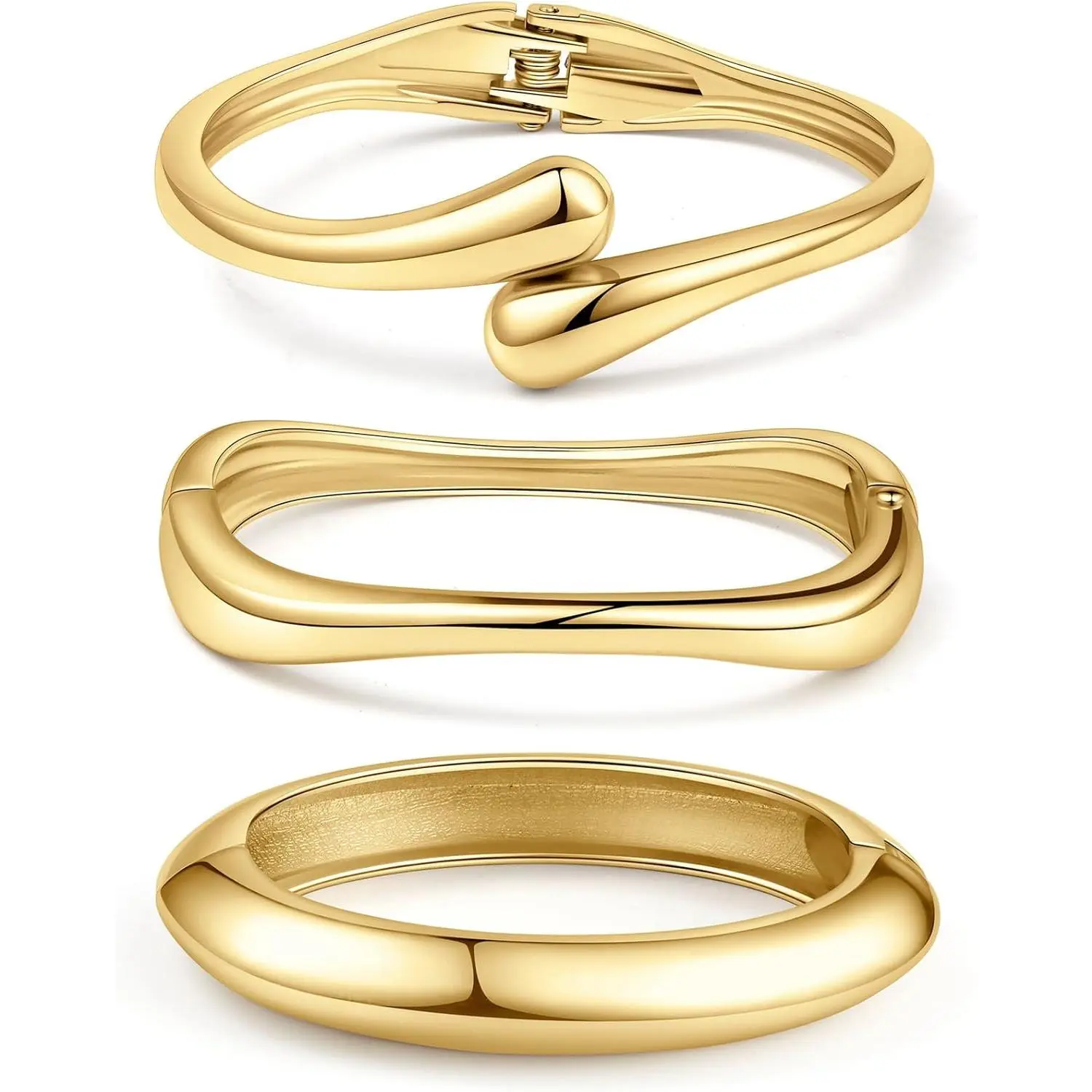 Women's 3PCS Chunky Gold Bangle Female Set - Zinc Metal Chunky Cuffs, Wide Polished Finish Stackable Statement Jewelry, Everyday Wear Gift