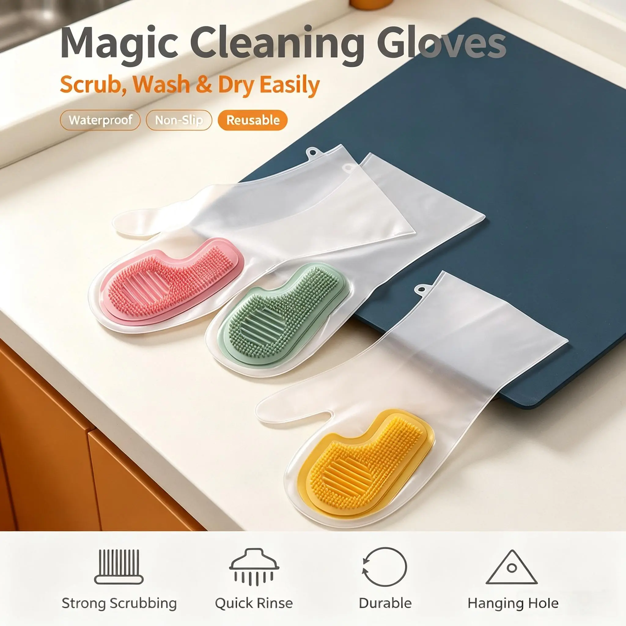 Multi-functional Kitchen Cleaning Gloves, Waterproof Non-Slip Dishwashing Gloves with Built-In Brush, Durable Household Gloves