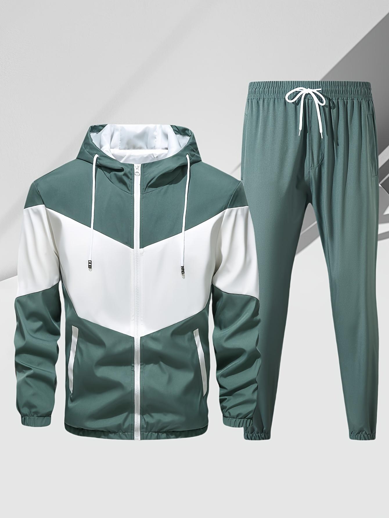 Men's casual two-piece set, stylish contrasting zipper hooded jacket, breathable solid color drawstring pants