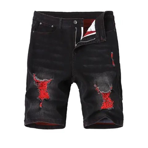 Men's Cotton Black Red Ripped Distressed Denim Shorts, Y2K Streetwear Contrast Color Jean Shorts, Casual Summer Knee-Length Bottoms, High Street Fashion
