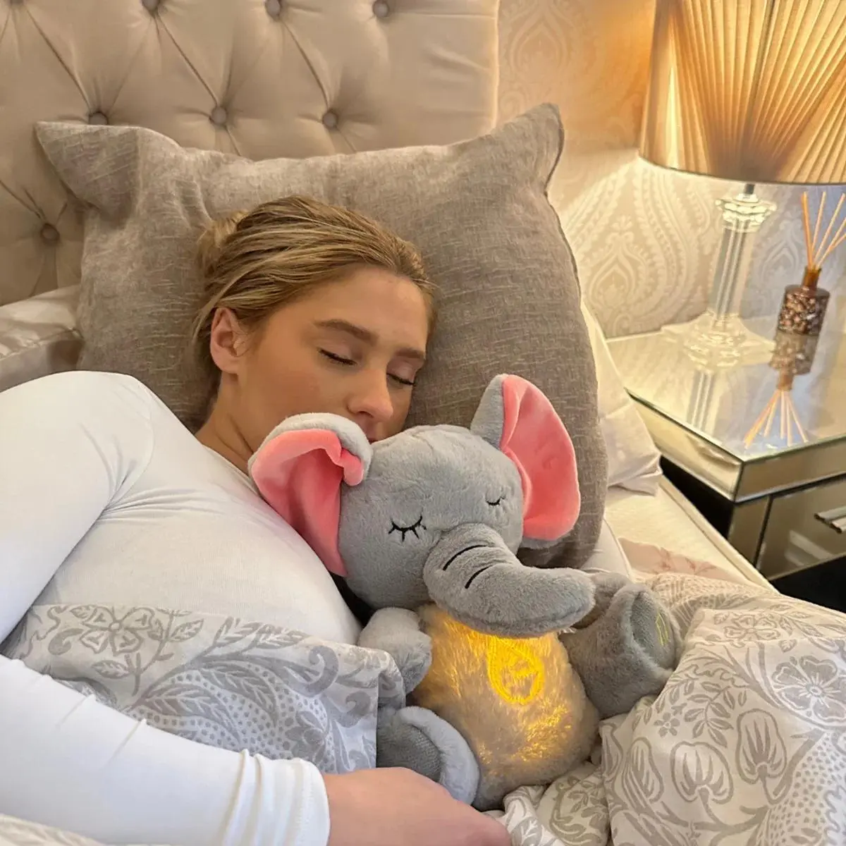 Elephant Plush Doll Toy - Battery Powered, 4 Modes Calming Music, Breath Sounds, Lights, Shiny Tail, Soft Fabric Breathing Belly Movements, Sensory Stress Relief Toy for Kids Gift (Requires Batteries)