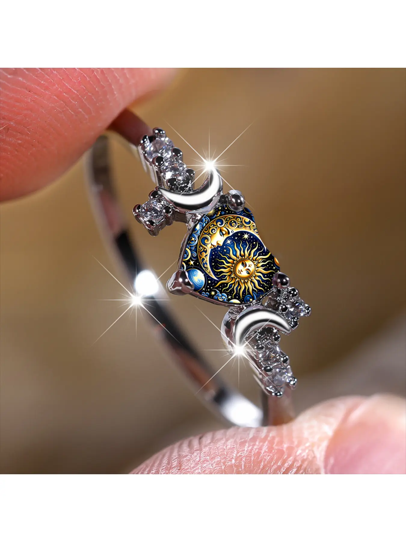 Women's Vintage Sun, Moon, Star & Heart Ring, Beautiful rings: Featuring double crescent moons encircled by tiny shimmering diamonds and vintage astrological prints, this niche cosmic-style accessory makes a memorable gift
