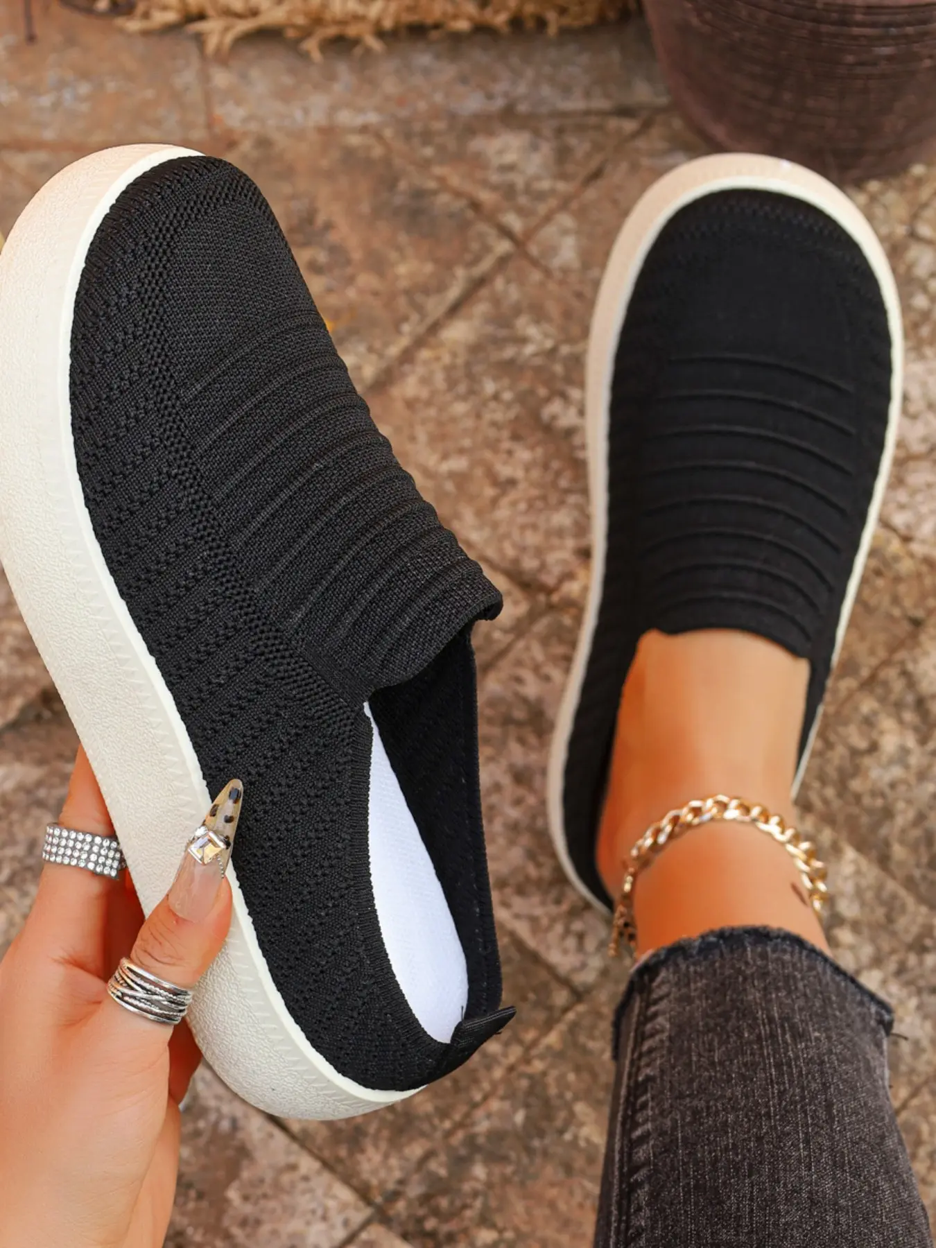Women's Breathable Knit Thick Soled Casual Mules, Slip-On Platform Shoes, Lightweight Anti-Slip Comfort Wedge Slippers, All-Day Wear, Plus Size Available