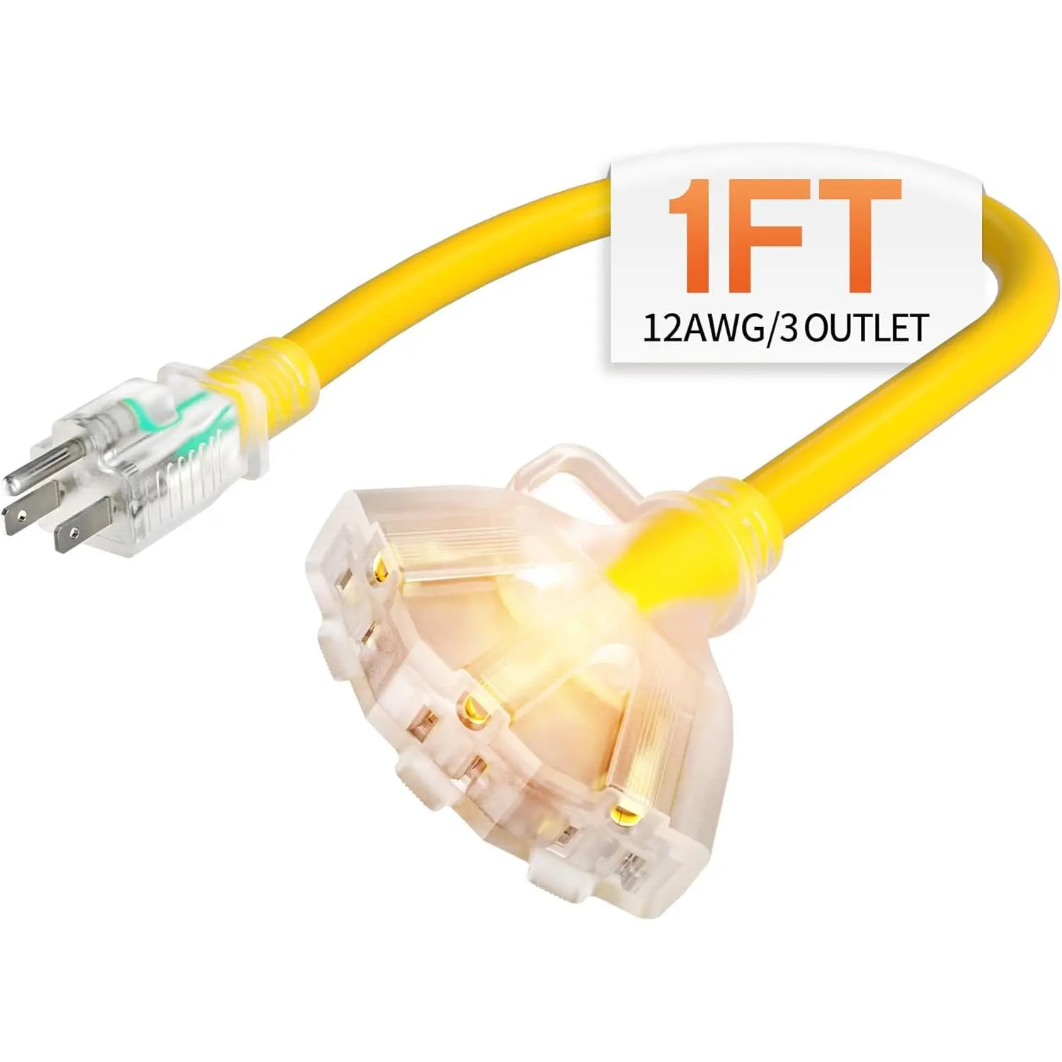 1 FT 12 Gauge Heavy Duty Extension Cord with Multiple Outlets | 1 Foot 3 Outlet Yellow Extension Cord Heavy Duty, , Flexible  SJTW, 15A 1875W, ETL Listed, /Garden