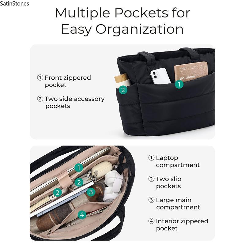 Puffy Bubble Tote Bag 3 Sizes for Women Quilted Laptop Shoulder Handbag, Lightweight Work Tote with Multiple Compartments for Travel & Work Organize Zipper Closure Durable Tote bag SpringStatements