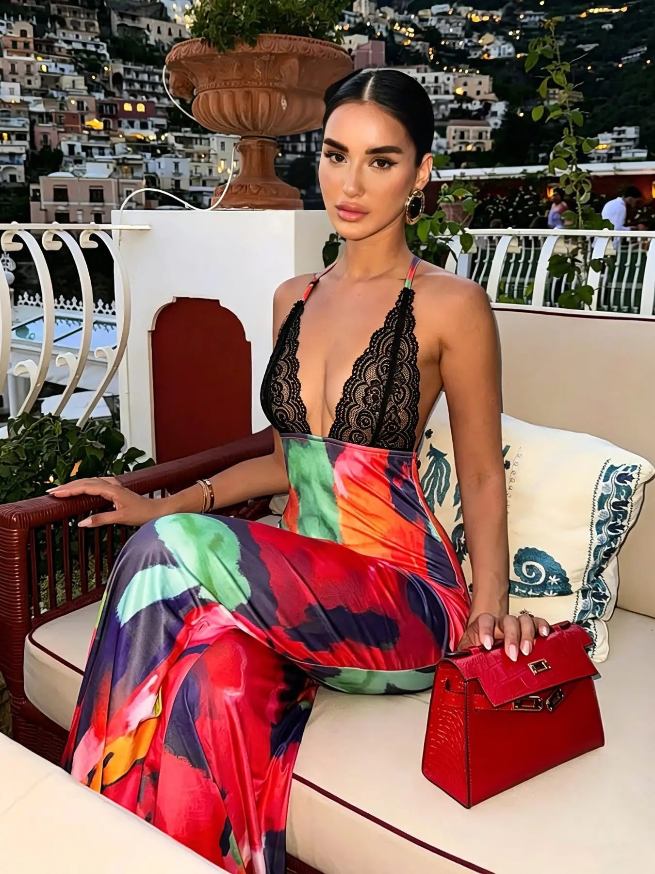 Ins Spicy Girl South-of-France Vacation Summer Sleeveless Halter Slip Dress, Lace-Trim Deep V Oil Painting Print Crisscross Open Back, High-Waist Slimming Flowy Mermaid Maxi Dress for Beach Photoshoots & Evening Parties