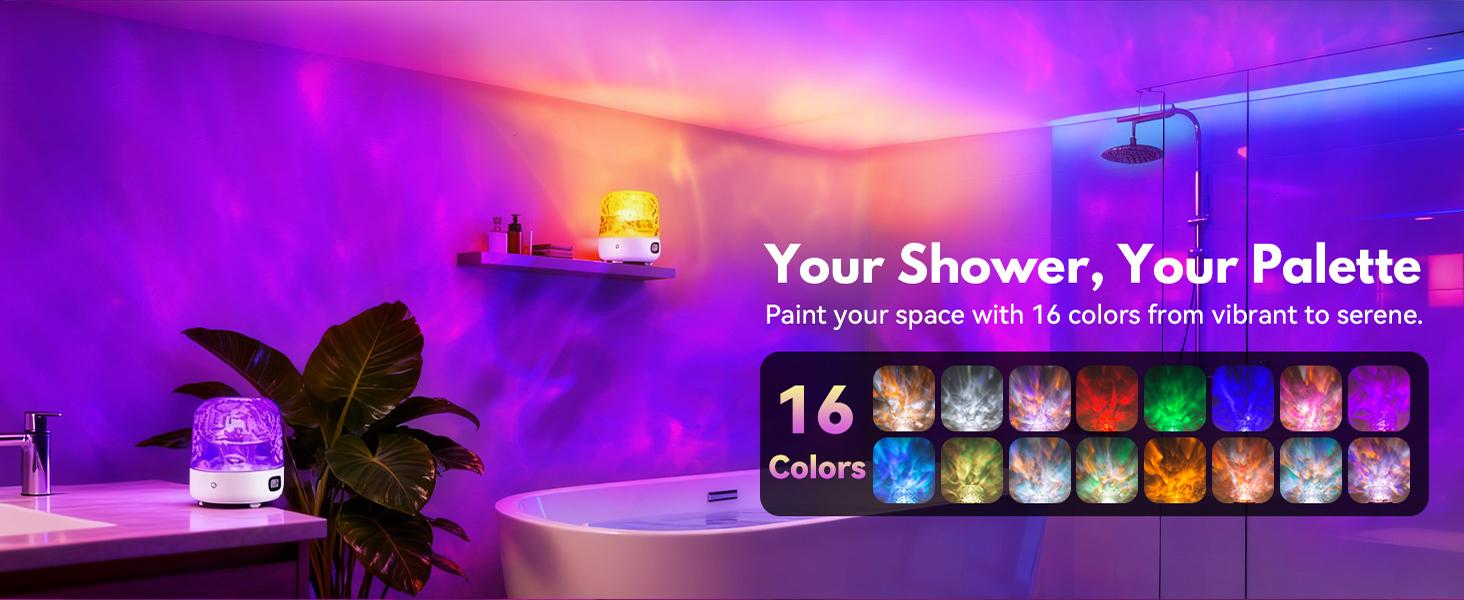 Shower Light with Bluetooth Speaker, Waterproof Shower Lamp with White Noise, 16 Colors Ocean Wave Projector Light with Remote & Touch Control, Music Lamps for Inside Shower Bathroom Bathtub