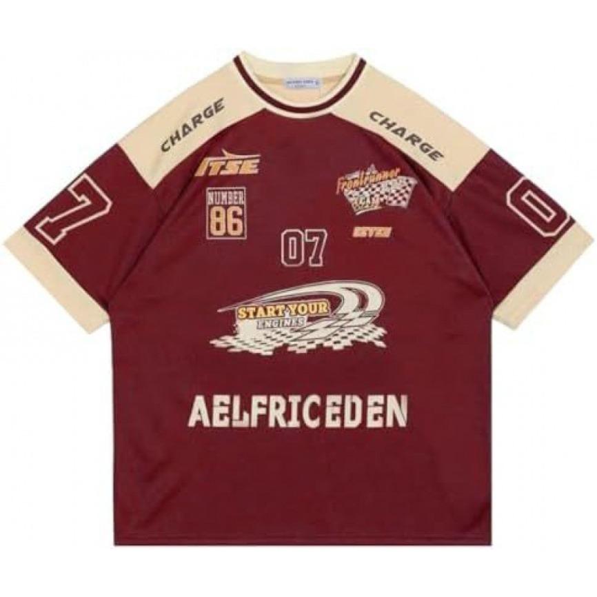 Aelfric Eden Contrast Color Racing Tee Knitted Fabric Streetwear For Men Y2k Vintage Motorsport Jersey Oversized Casual Top For Daily Wear Party Street Skateboarding Hip Hop For Young Adults Teens Street Style Lovers