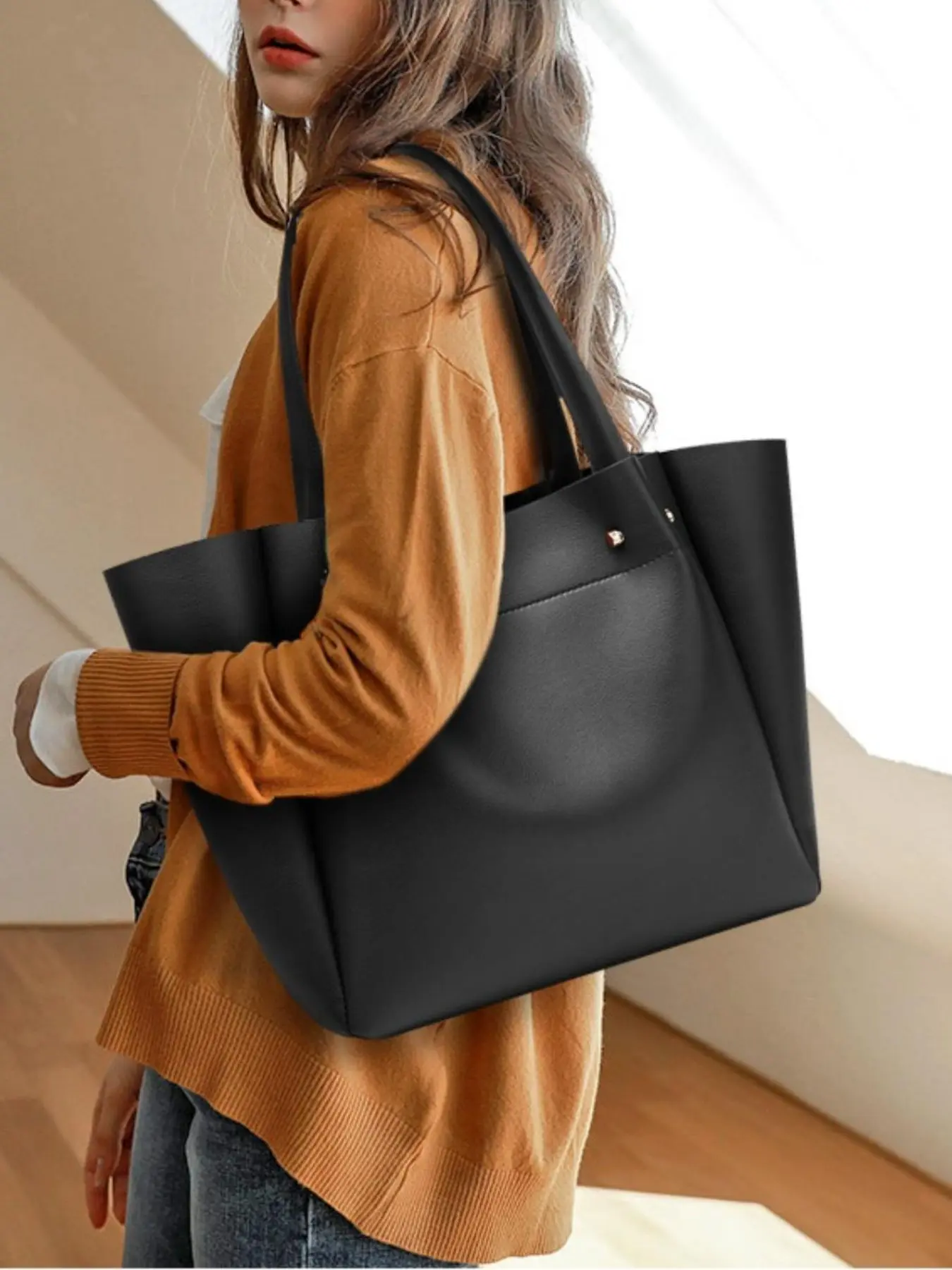 Tote Bag Large Capacity Simple Style Shoulder Shopping Bag, Pin Buckle Decoration, Women's Lychee Pattern Bucket Bag Fashion Versatile