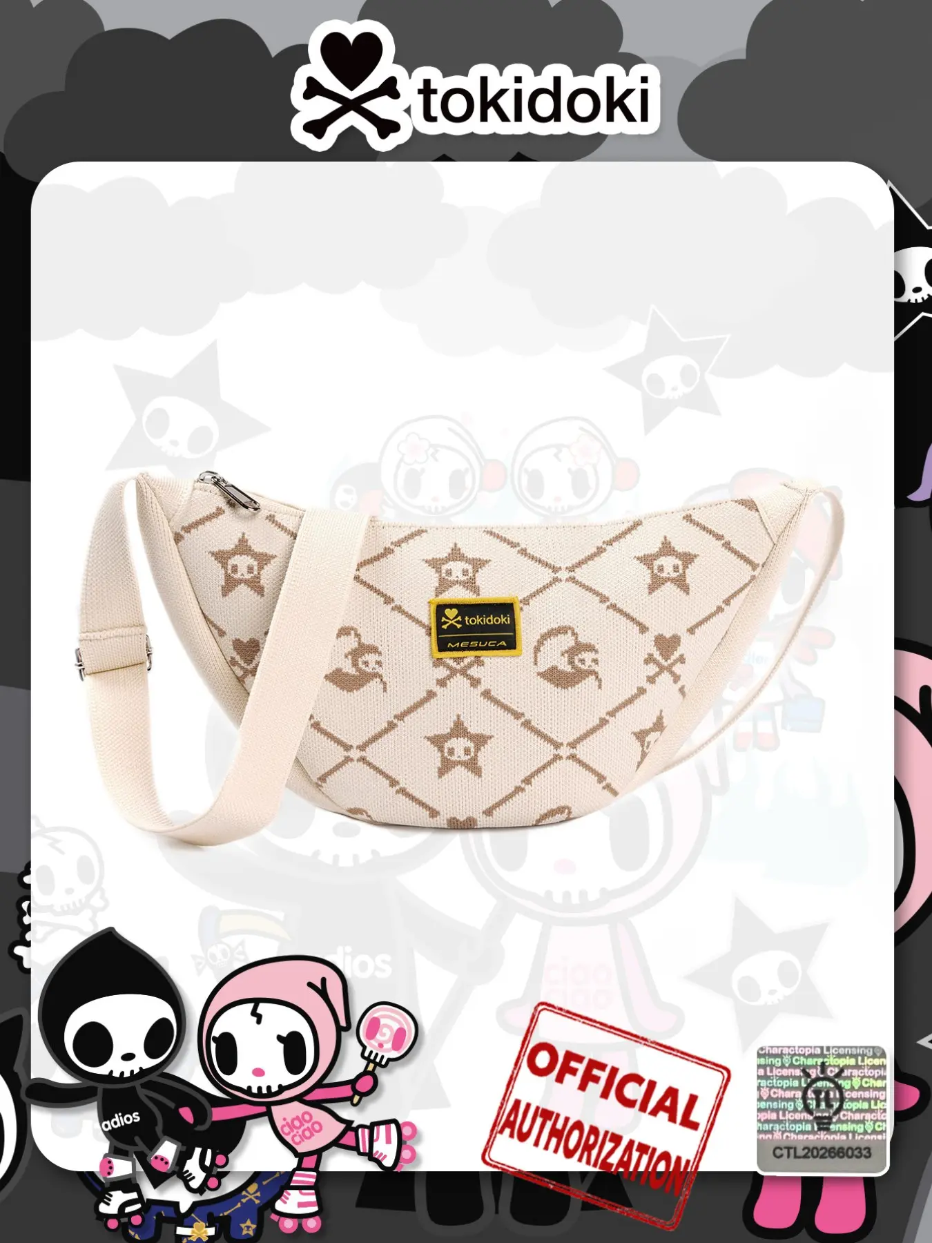 Official Tokidoki Y2K Crescent Moon Hobo Bag, Skull Heart Jacquard Crossbody Waist Bag, Bumbag, Zipper Belt Bag, Adjustable Strap, Casual Shoulder Bag for Women
