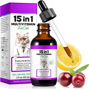 15 in 1 Cat Multivitamin Liquid Drops Supports Immune Health Promotes Joint Skin and Coat Health Cat Vitamin Supplements with Glucosamine & Cranberry 2 fl oz