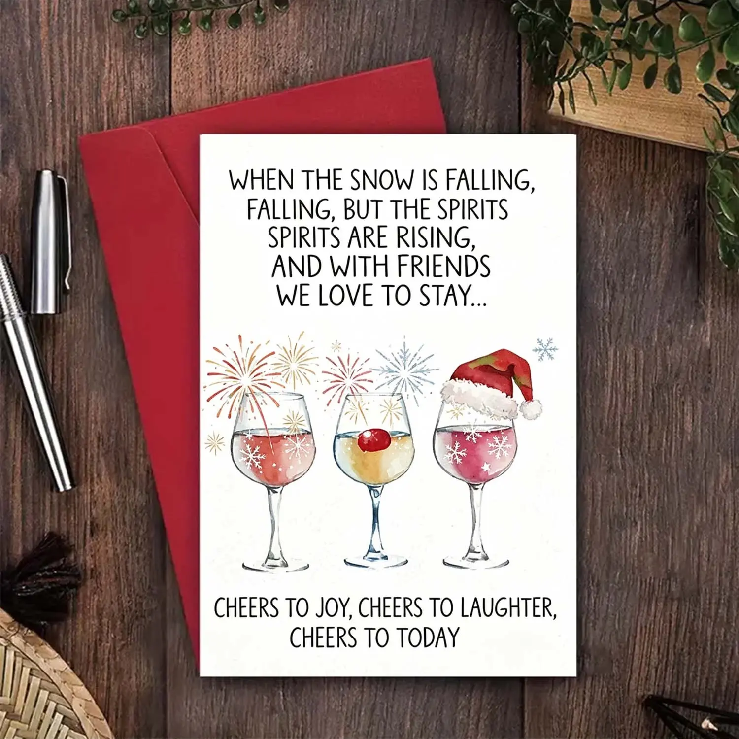 Office Stationery 2Pcs Classic Lightweight Printed Paper Greeting Cards Set - 1 Card + 1 Red Envelope, Cardboard Material, Holiday Themes (Christmas Wine Glass, Hat, Firework, Snowflake Patterns) for Friends Gathering, Celebrations, Birthday Prints Greeti