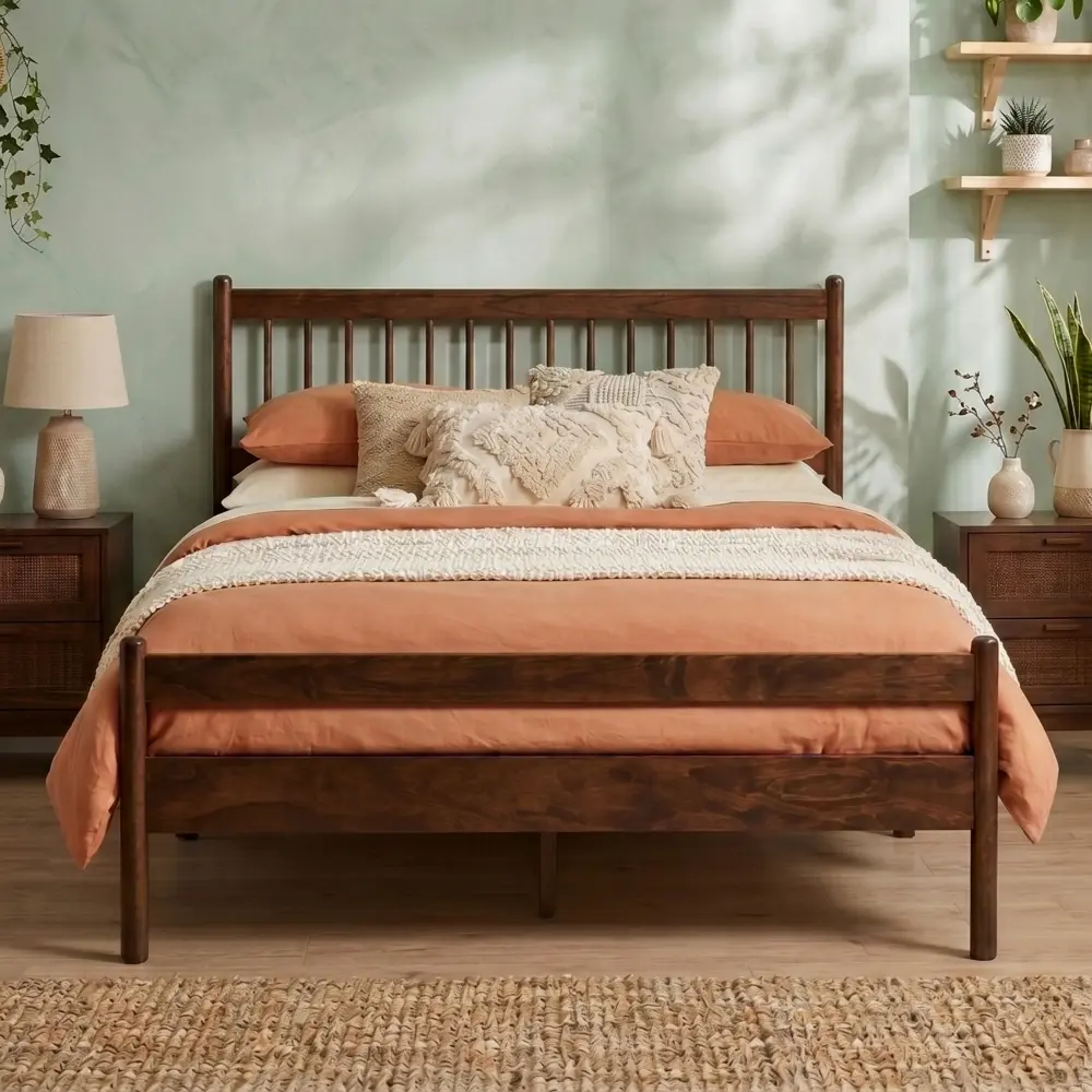 Traditional Style Queen Size Bed with Headboard and Footboard,  Pinewood Bed with Strengthened Bed Frame