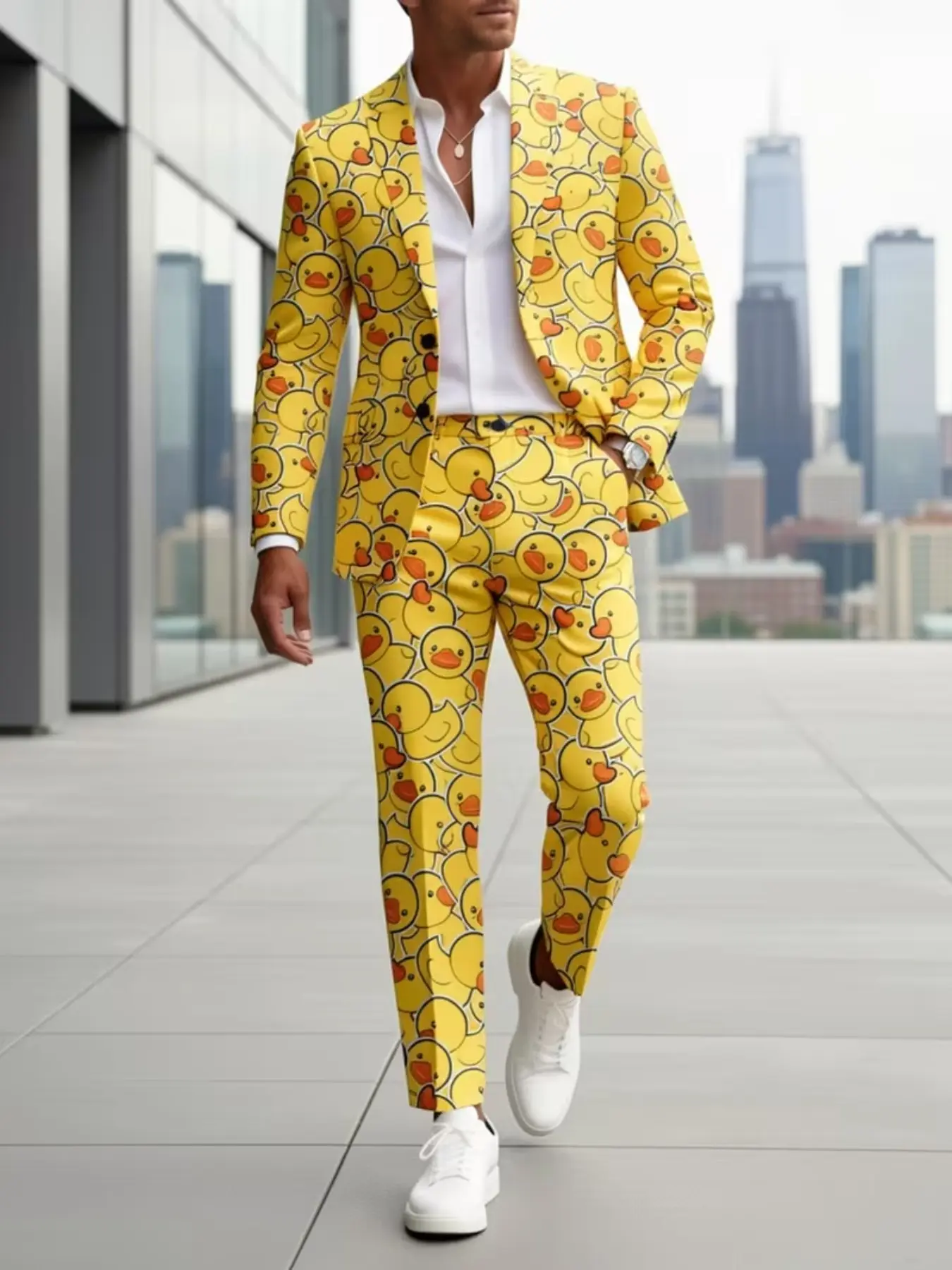 Men's fun duck-print two-piece suit, suit jacket and trousers, bright cartoon pattern, party-themed outfit for funny performances.