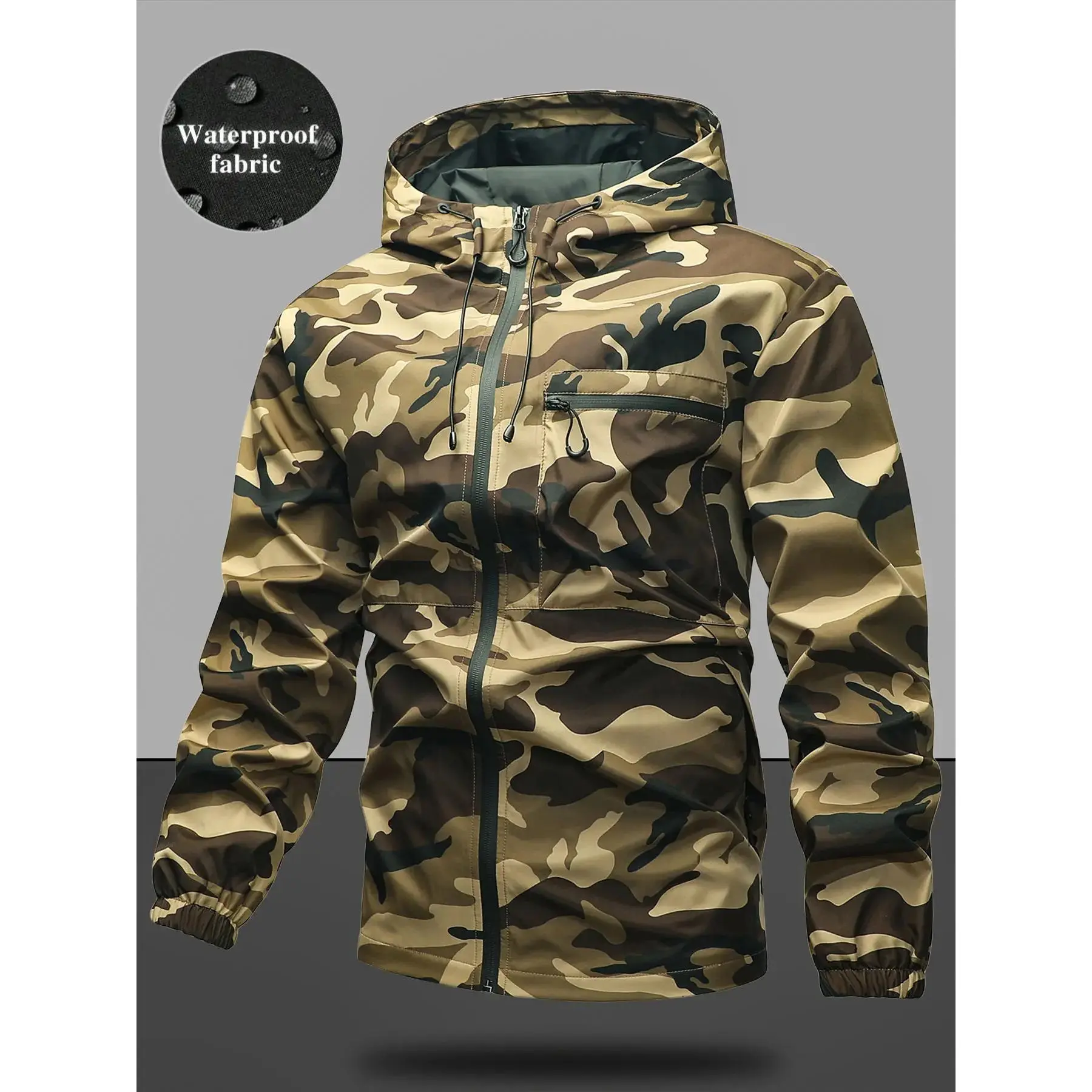 Men's Casual Solid Camo Camouflage Pocket Drawstring Hooded Long Sleeve Jacket, Regular Fit Fitted Zip Up Stylish Outfit for Spring & Fall, Menswear, Tops, Coats, Jackets, Zipper, must have item, wardrobe staple
