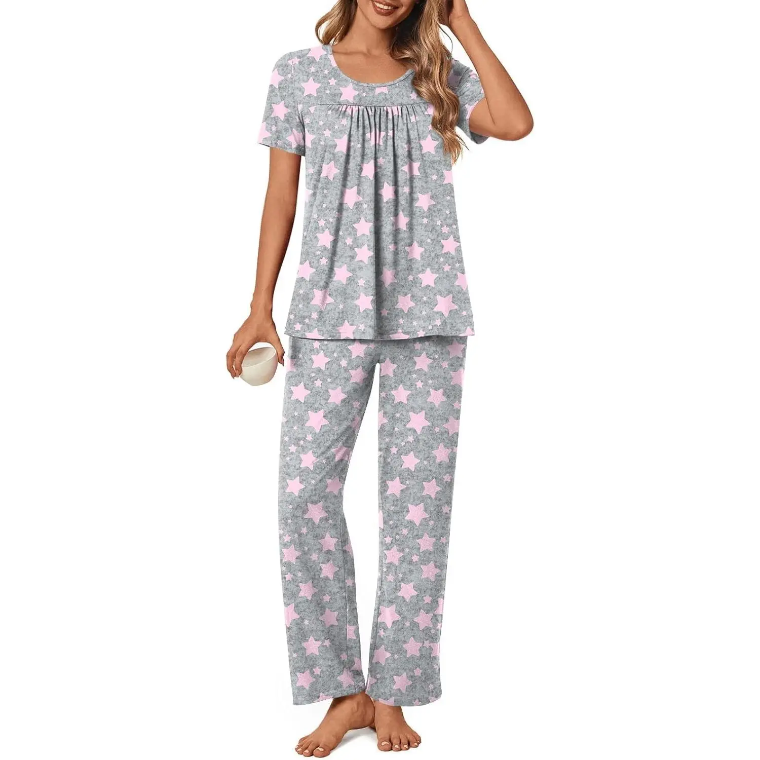 Women's 2-Piece Elegant Rayon Fabric Pajama Sets, Summer Lightweight Loungewear with Comfy Tops and Pockets, Sleepwear Gift, Fit