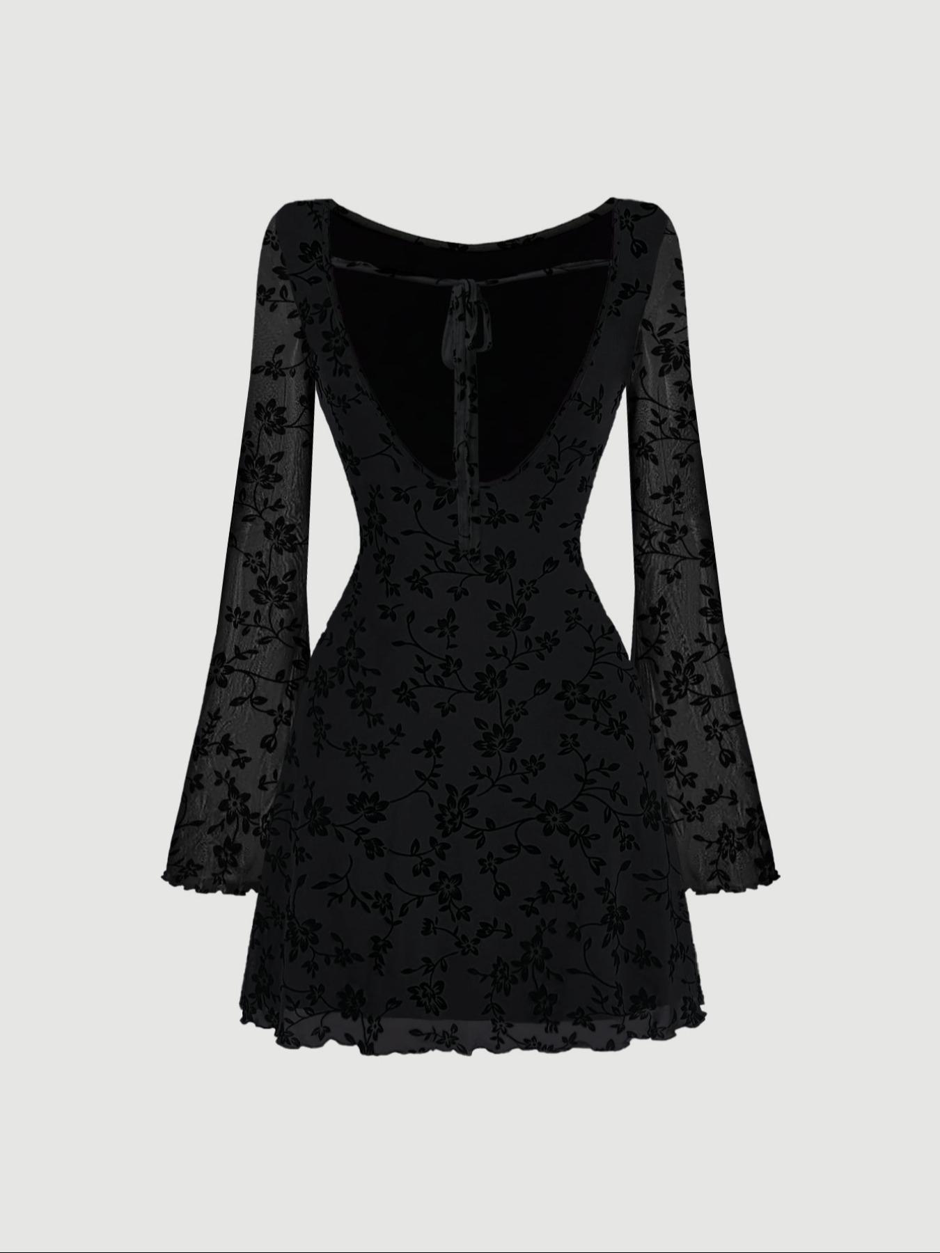 Women's Floral Print Backless Flounce Sleeve Dress, Elegant Round Neck Long Sleeve A Line Dress for Party Holiday Wedding Guest, Ladies Clothes, Womenswear