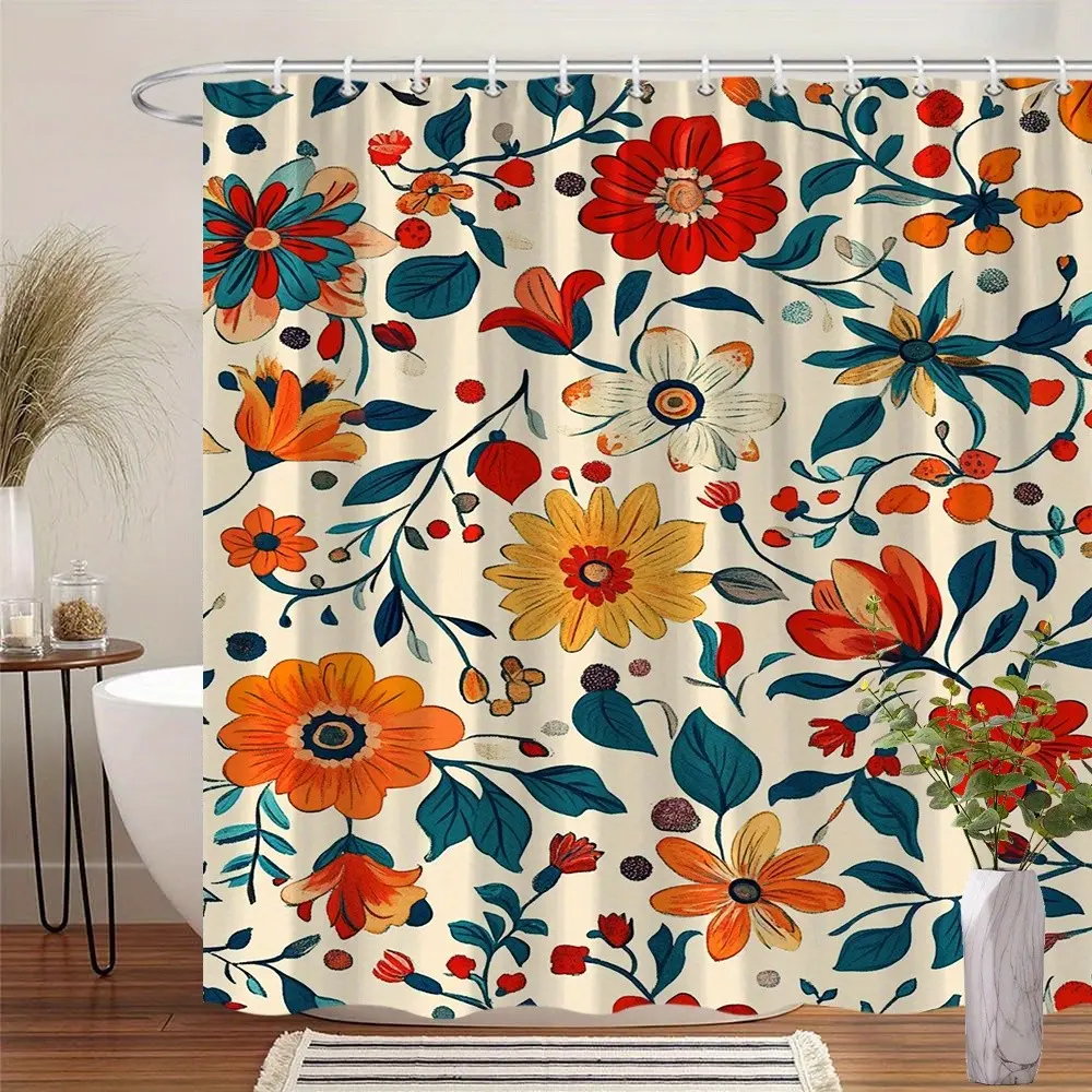Vibrant Floral Shower Curtain with Red, Yellow, Orange & White Blossoms, Mid-Century Modern Bathroom Decor, Machine Washable Polyester, Includes 12 Hooks, 70. 86x70. 86in, Vibrant Bathroom Decor | Playful Floral Design | Machine Washable Fabric, Bath