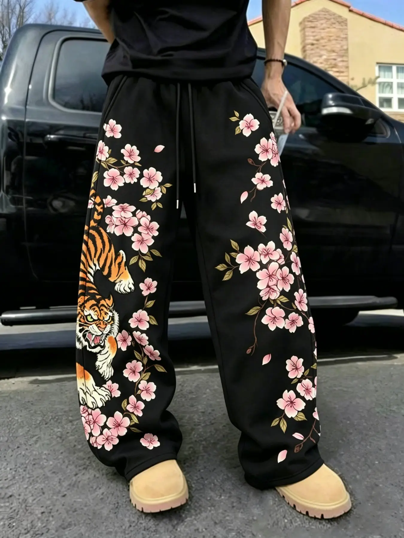 Men's American High Street Loose Wide Leg Pants, Dragon Print Drawstring Waist Casual Sportswear, All Season Fashion Long Trousers