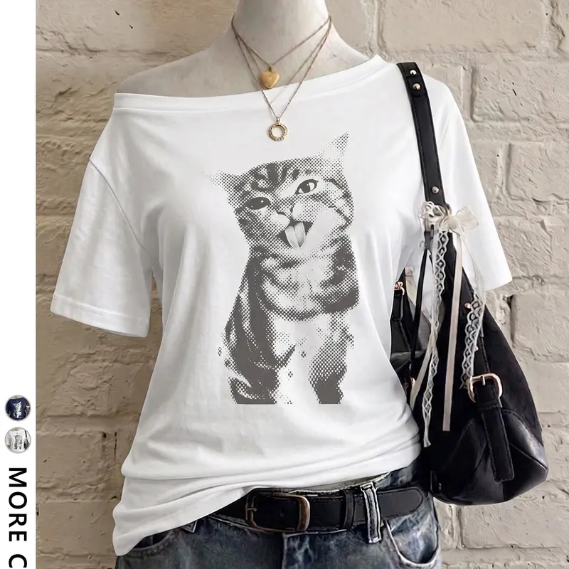 Women's Loose-Fit Short Sleeve Off-Shoulder T-Shirt, Graphic Tee, Cute Cat Print, Y2K Casual Top for Shopping & Daily Outings