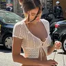 【Black Friday】Women's Casual Chic Plain Sheer Lace Crop Blouse, Street Fashion Tie Front Split Hem Scoop Neck Feminine Top for Daily Wear and Outdoor Activities, Ladies Summer Clothes, Womenswear