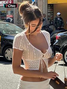 women's plain sheer lace crop tee, street fashion casual tie front split hem sweetheart neck top for daily outdoor wear, ladies clothes for summer, chic shortsleeve womenswear