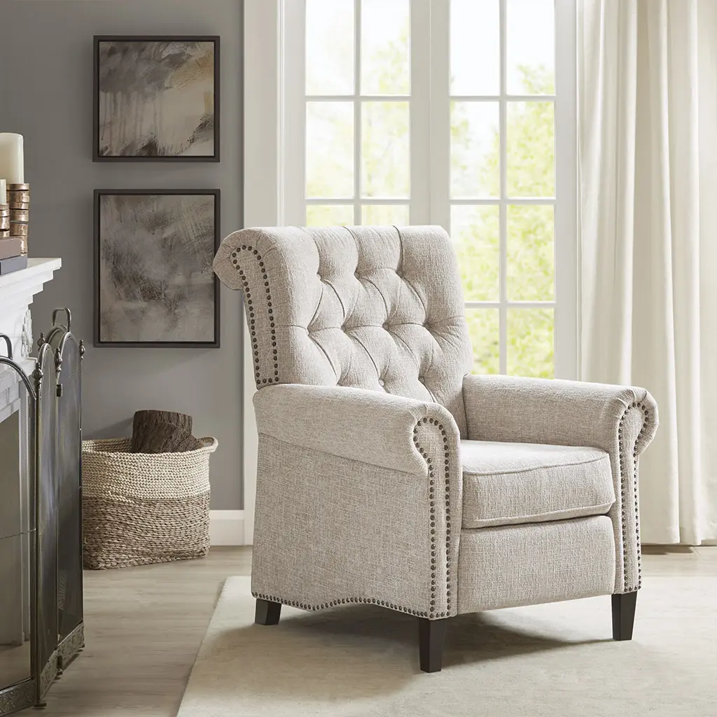 Nokaa Push Back Recliner Chair with Adjustable Backrest, Upholstered Fabric Armchair for Living Room, Home Theater, Reading, and Relaxation, Manual Recline Mechanism, Cream Color, Solid Wood Legs