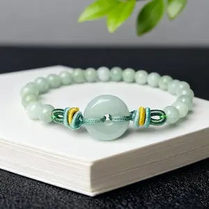 Natural Pale Green Round Stone Donut Beaded Bracelet, Hand Braided Adjustable Rope Lucky Circle Charm Wrist Jewelry Gift For Ladies