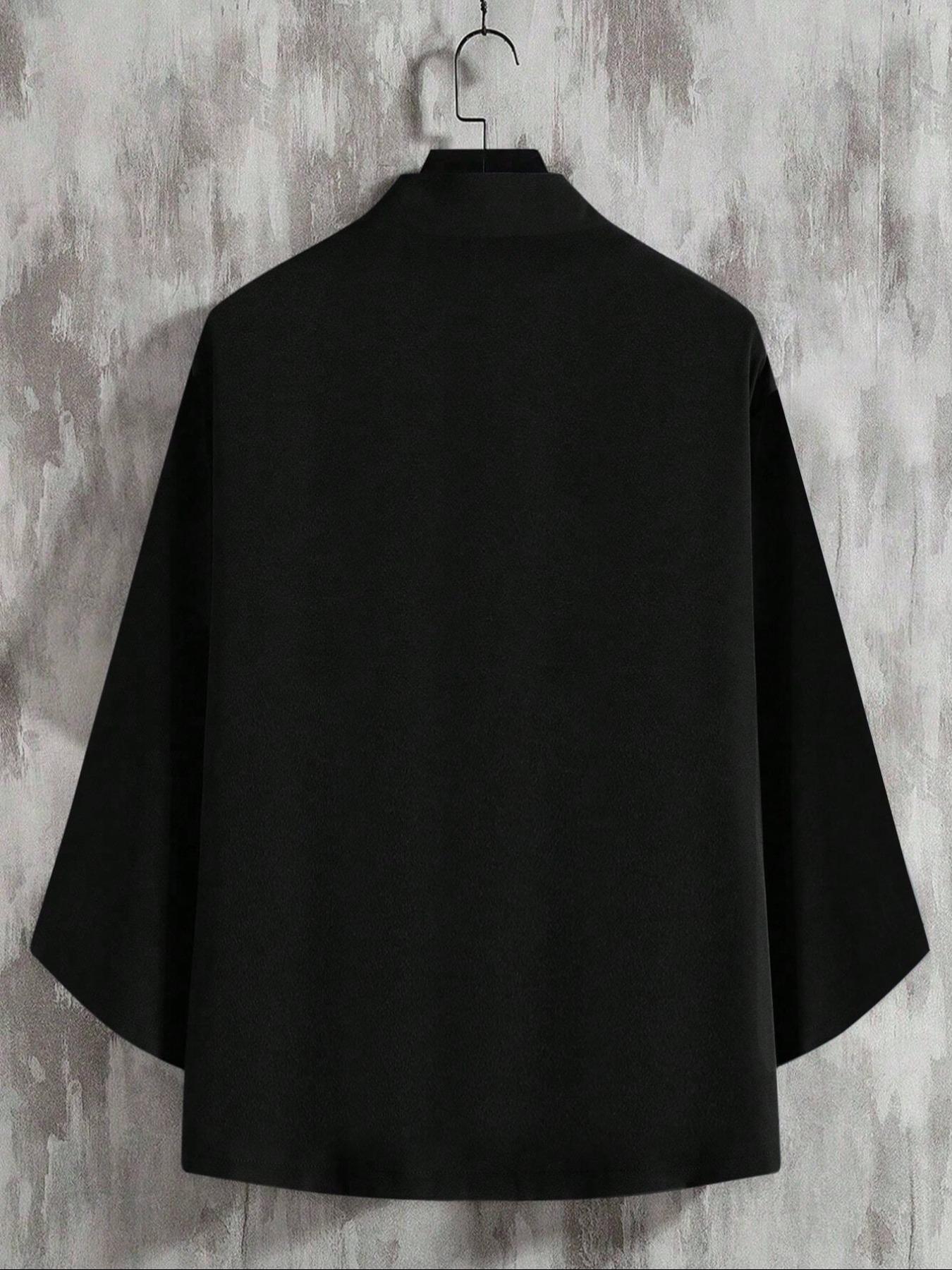 Men's Solid Color Open Front 3/4 Sleeve Loose Plain Shirt, Casual Comfy Top for Daily Wear, Men's Clothes for All Seasons