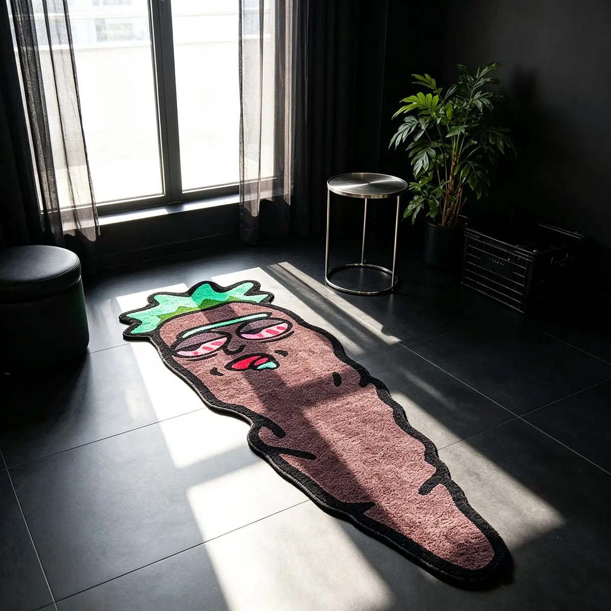 American Vintage Funny Long Carrot Shaped Long Strip Short Plush Rug Indoor Rug, Lazy Red-Eyed Cartoon Carrot Home Decor Cozy Floor Mat, Skin-Friendly Short Pile Material, Wear Resistant Anti-Shed Unique Trendy Decor Mat for Living Room Bedroom Bedside