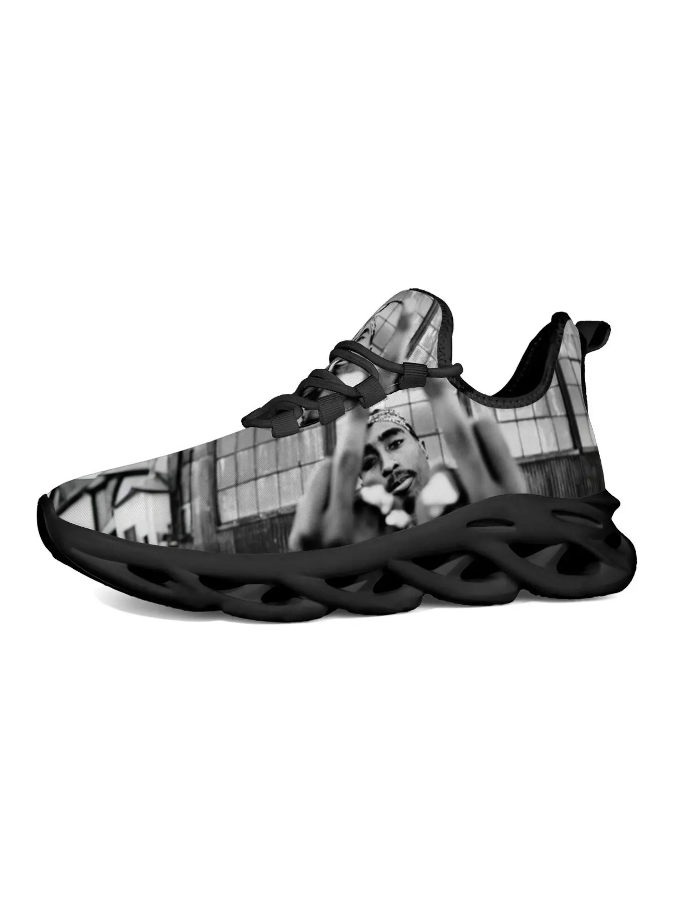 Rapper Tupac Black And White Portrait Art Print Running Sneakers Man Woman Hollow Out Shock Absorbing Sole Breathable Mesh Lace Up Shoes Hip Hop Street Style Casual Walking Footwear 2Pac