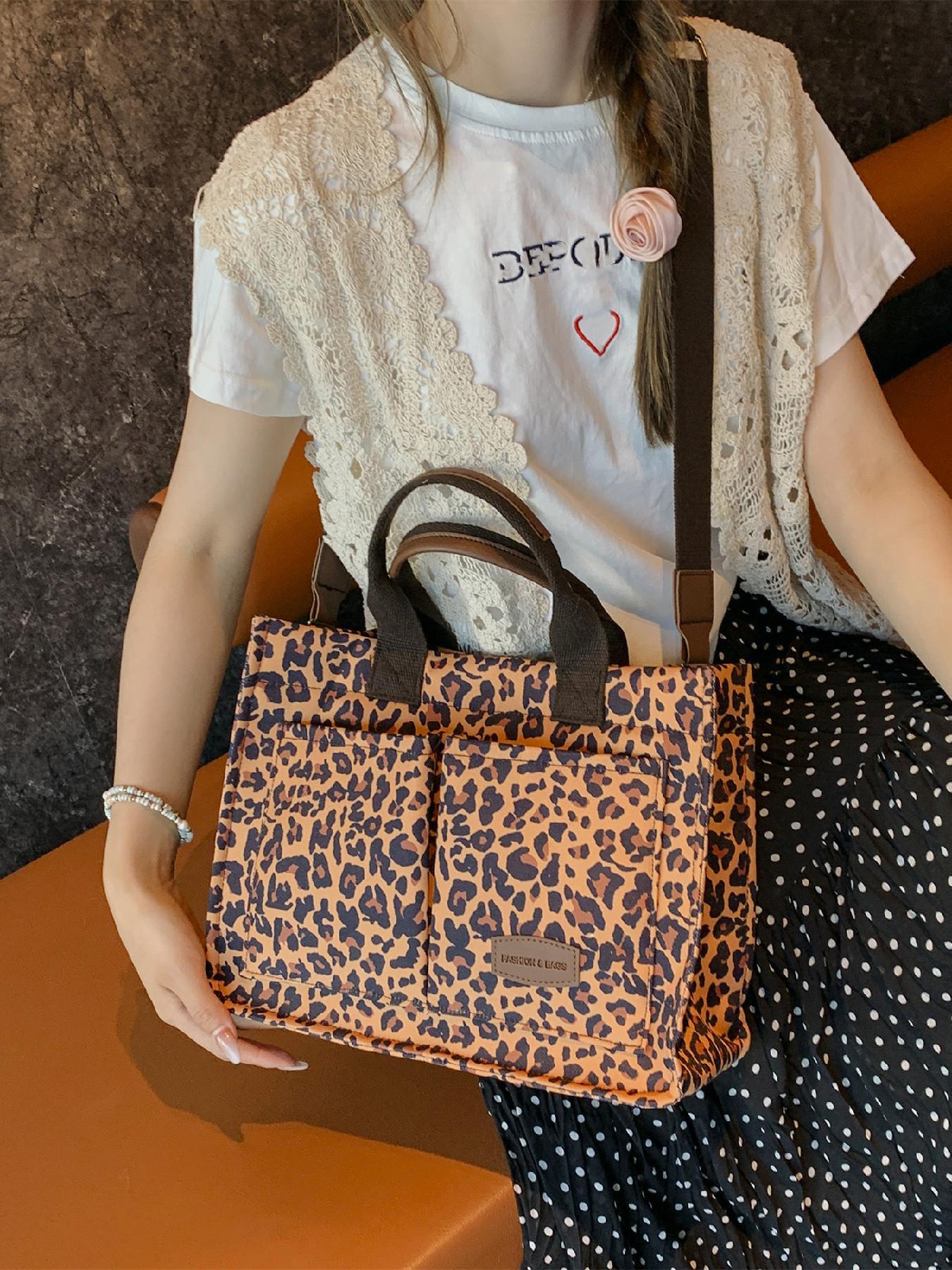 Fashion Leopard Pattern Adjustable Crossbody Tote Bag, Casual Letters Patched Decor Shoulder Bag for Women, Trendy All-match Commuter Bag, Handbag Shoulder Bag, Fashionable Shoulder Bag, Fashionable Daily Crossbody