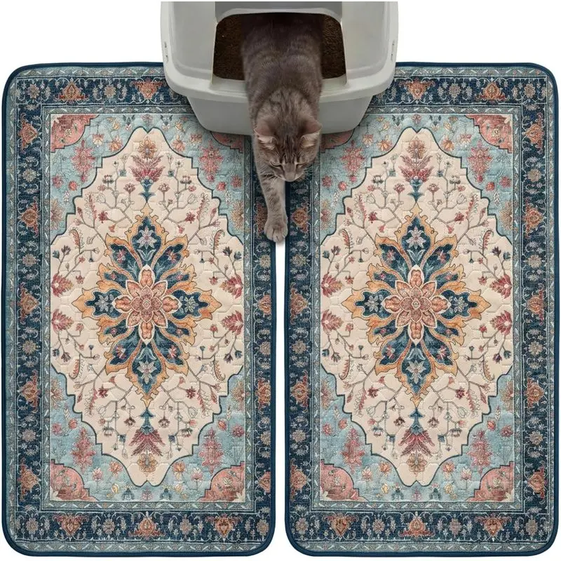 Cat Litter Mat 2 Pack 18 x 28 in, Machine Washable Litter Trapping Mats for Cleaner Floors, Absorbent Kitty Litter Box Rugs with Water-Resistant Non-Slip Backing