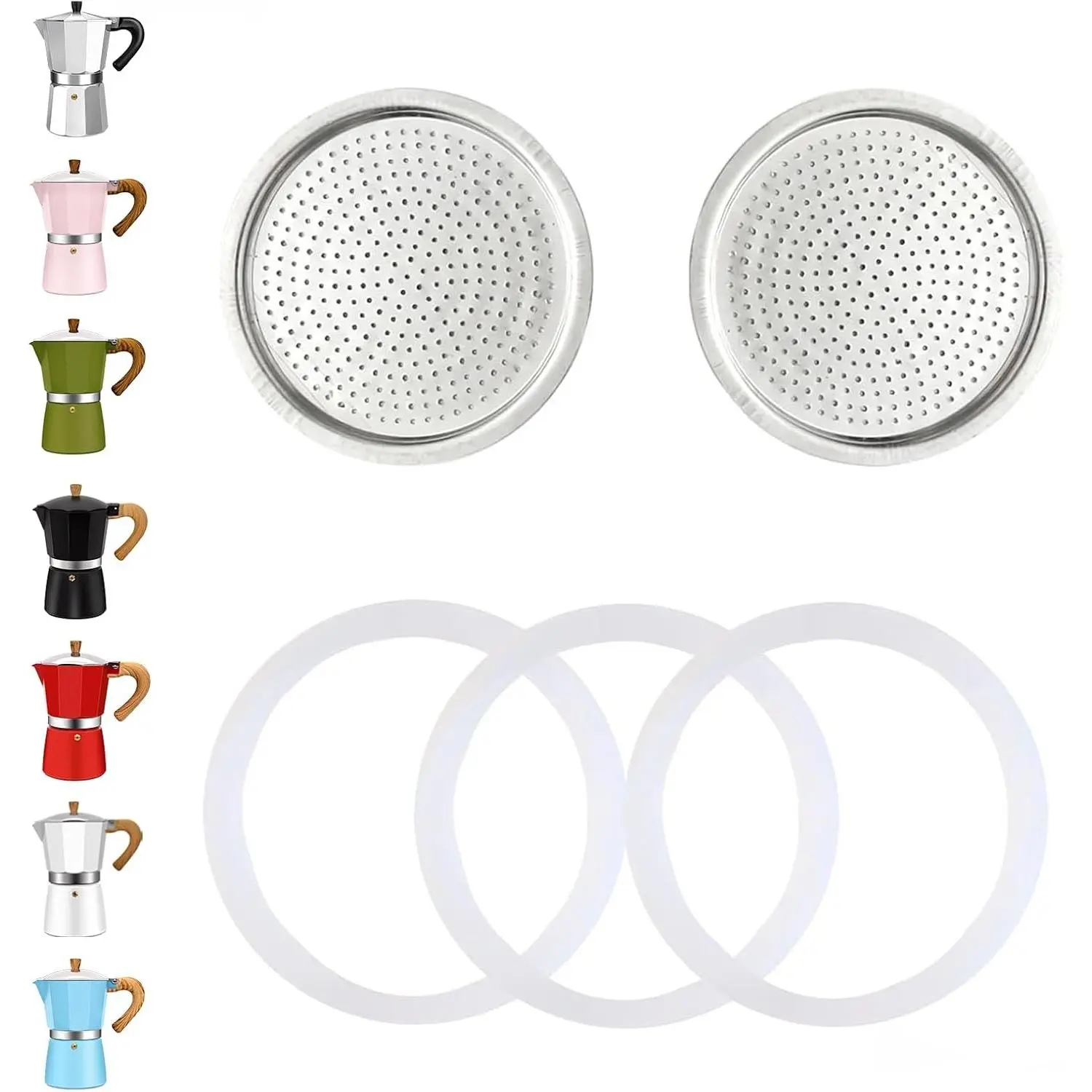 2 Pcs Filter with 3 Pcs Silicone Gasket Seals for 12 Cup 14 Cup Stovetop Espresso Coffee Maker Replacement Parts Aluminium Moka Pot