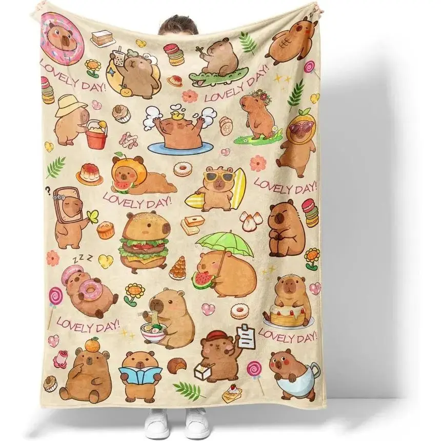 Cute Capybara Brushed Microfibre Flannel Throw Blanket - Wrinkle Resistant, Shed-Free, Soft, Cozy Cartoon Design, Durable, Fade Resistant, Lightweight, Machine Washable for Couch, Bed, Children’s Gift